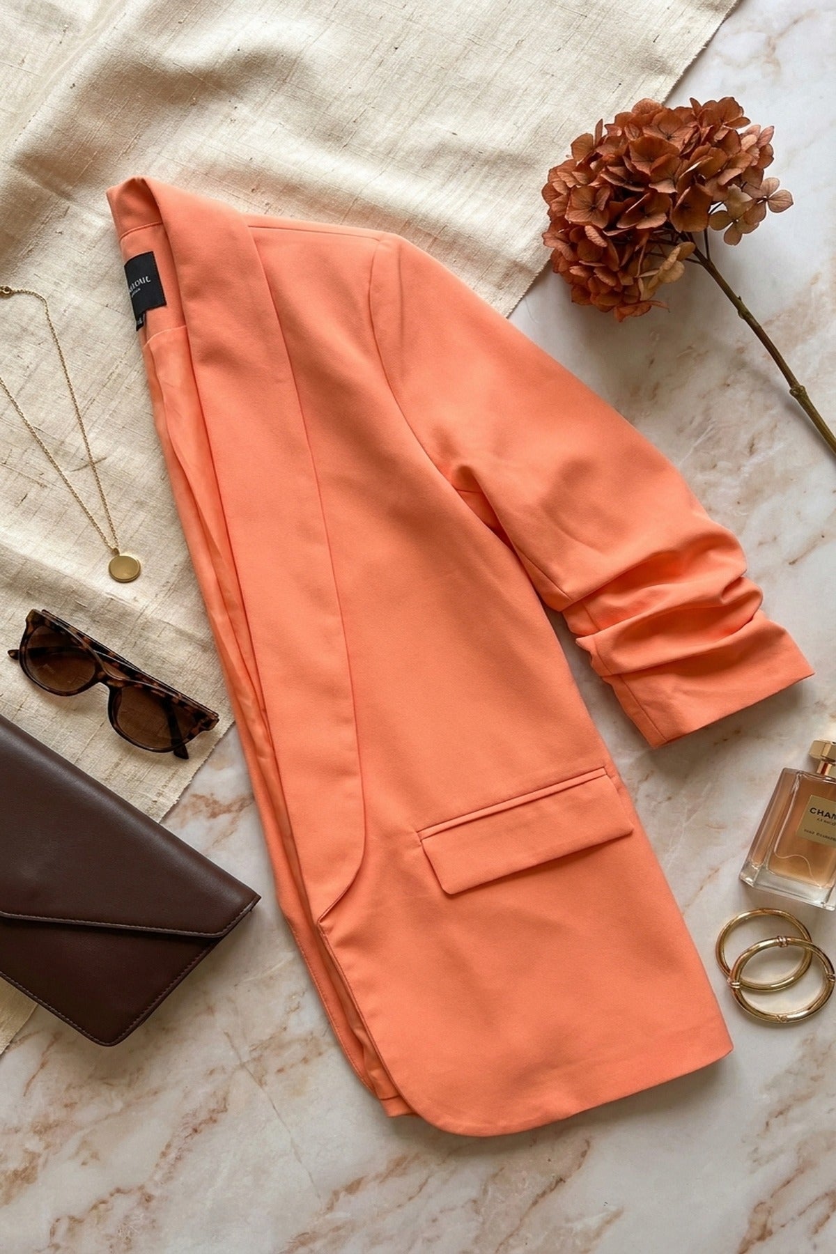 Valerie Ruched Sleeve Open Front Blazer Jacket With Front Pockets - Orange