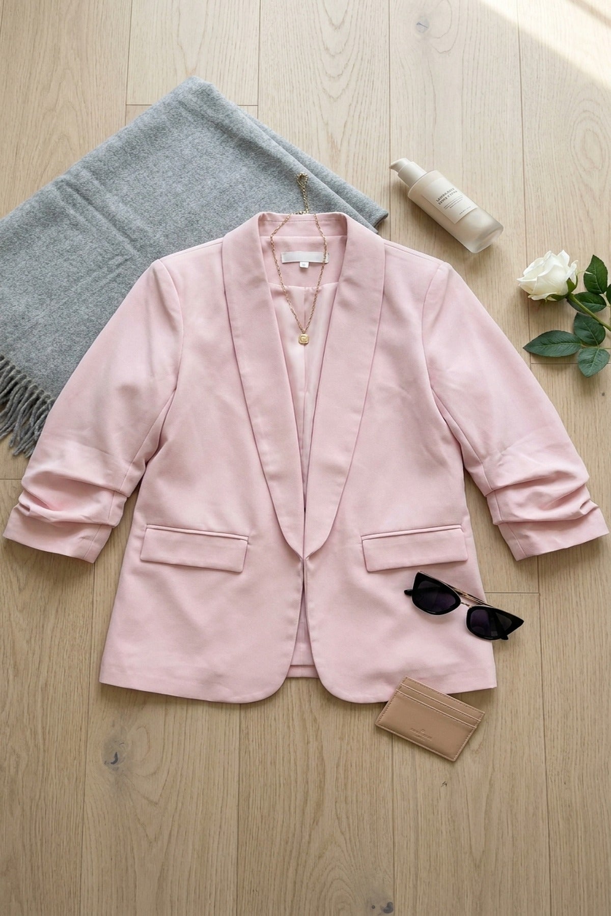 Valerie Ruched Sleeve Open Front Blazer Jacket With Front Pockets - Pink