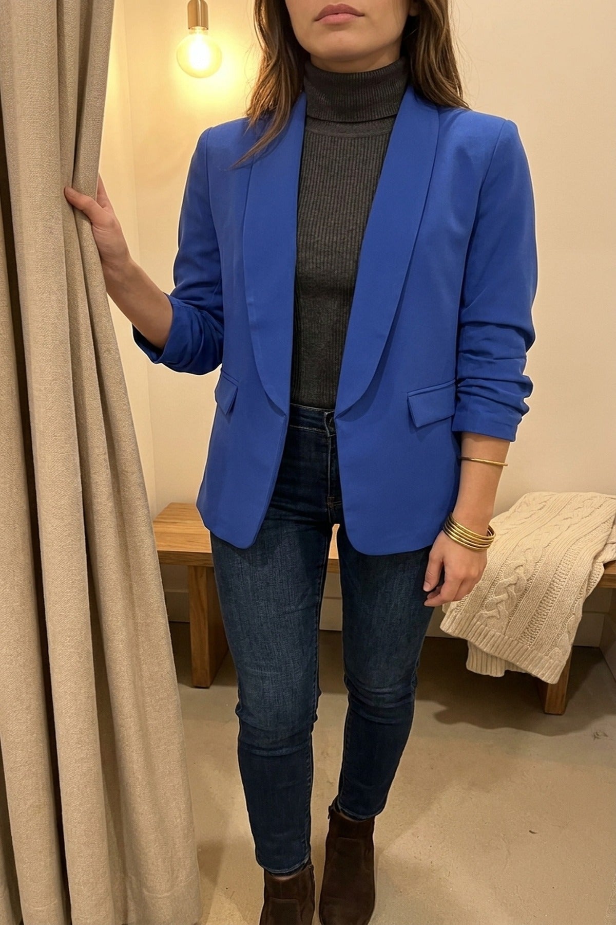 Valerie Ruched Sleeve Open Front Blazer Jacket With Front Pockets - Royal