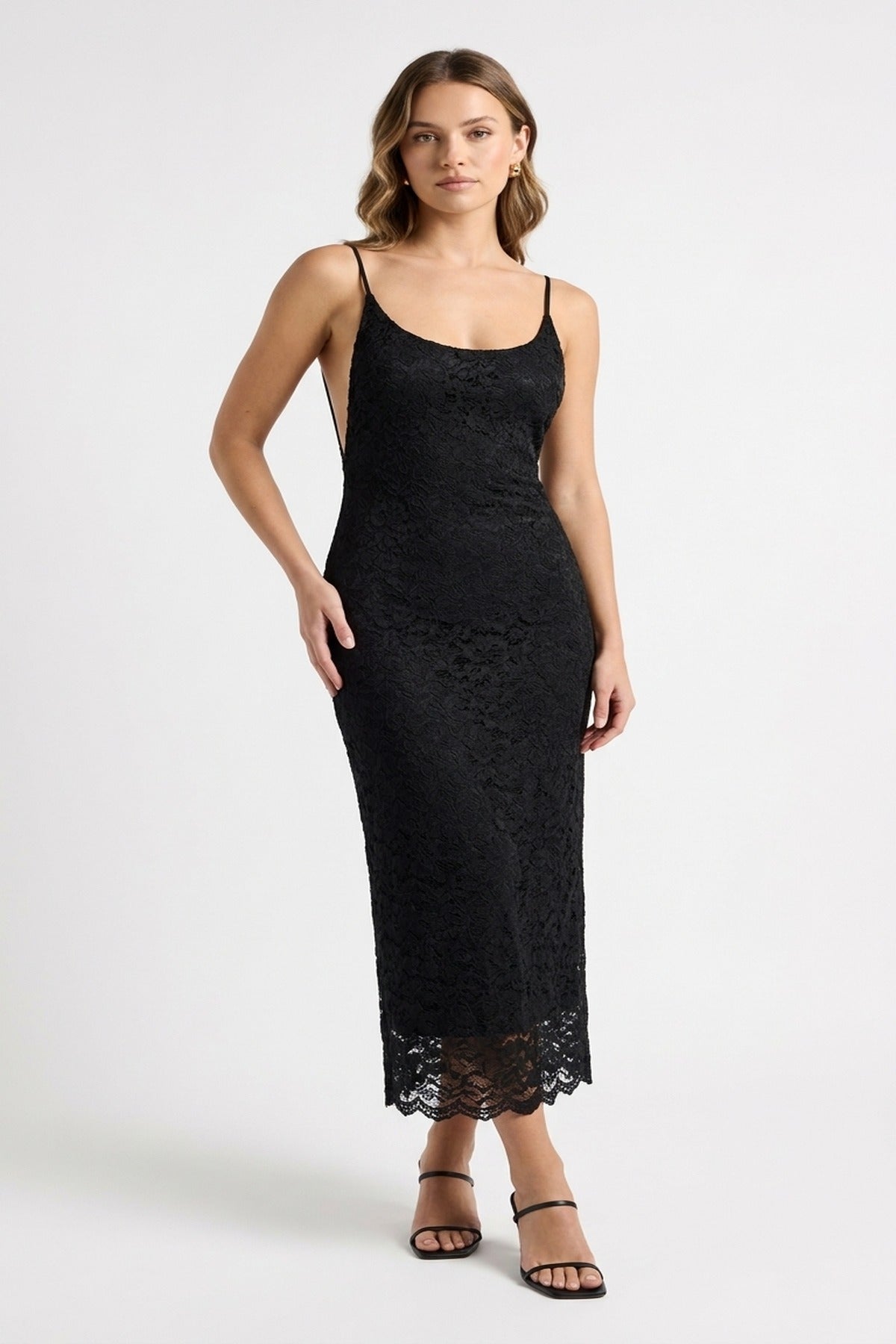 Viviana Strappy Floral Lace Midi Dress - Black