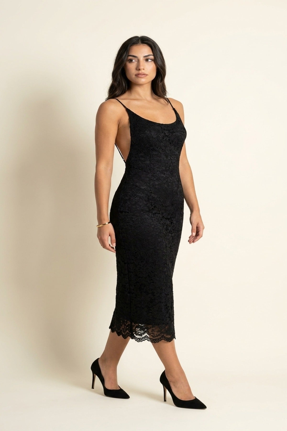 Viviana Strappy Floral Lace Midi Dress - Black