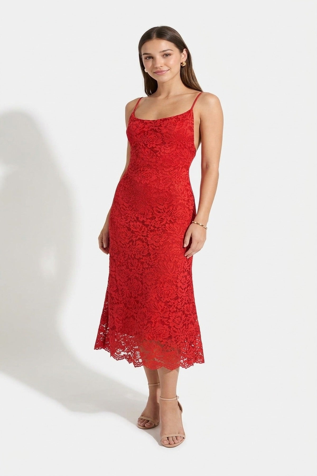 Viviana Strappy Floral Lace Midi Dress - Red