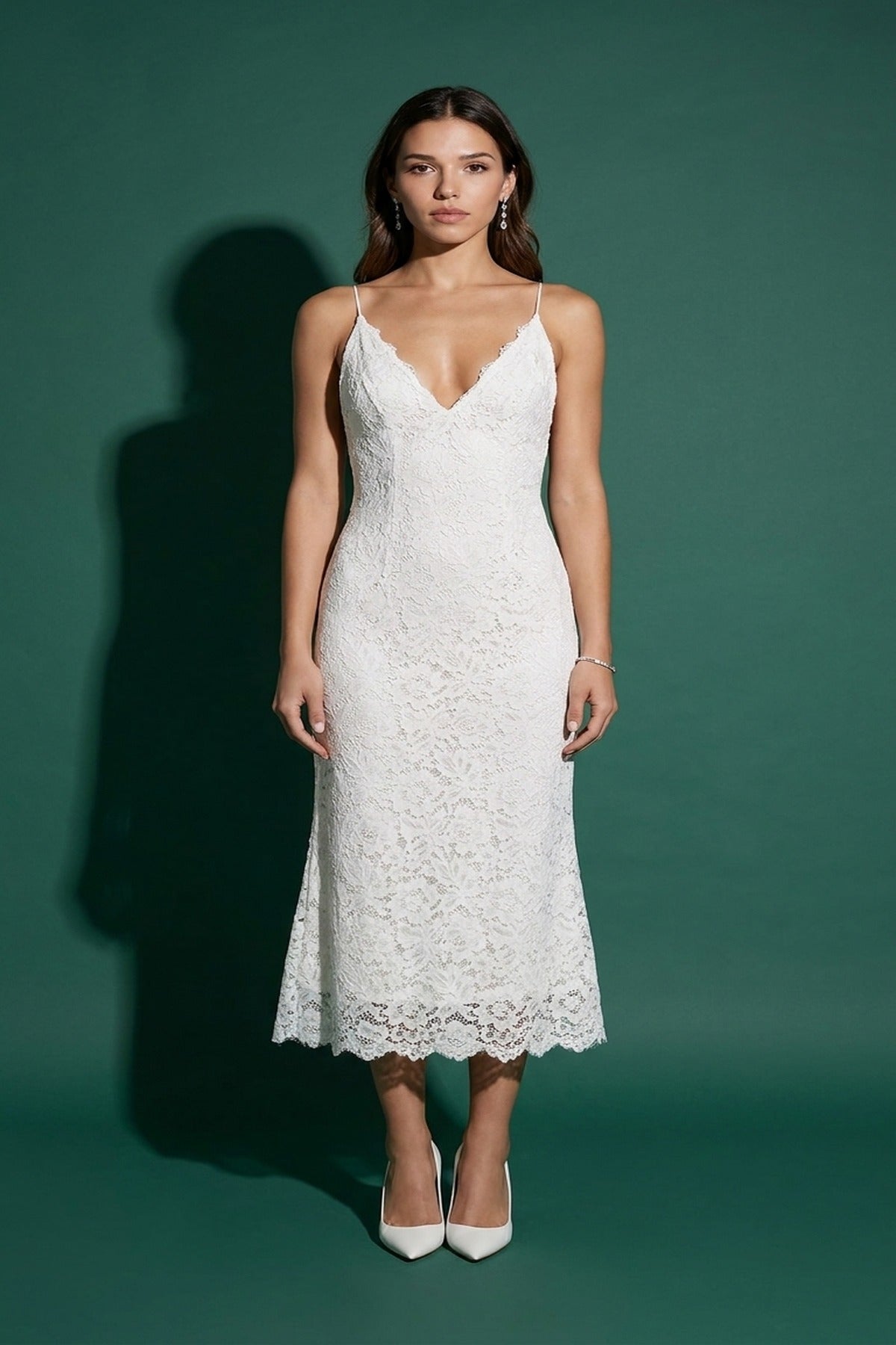 Viviana Strappy Floral Lace Midi Dress - White