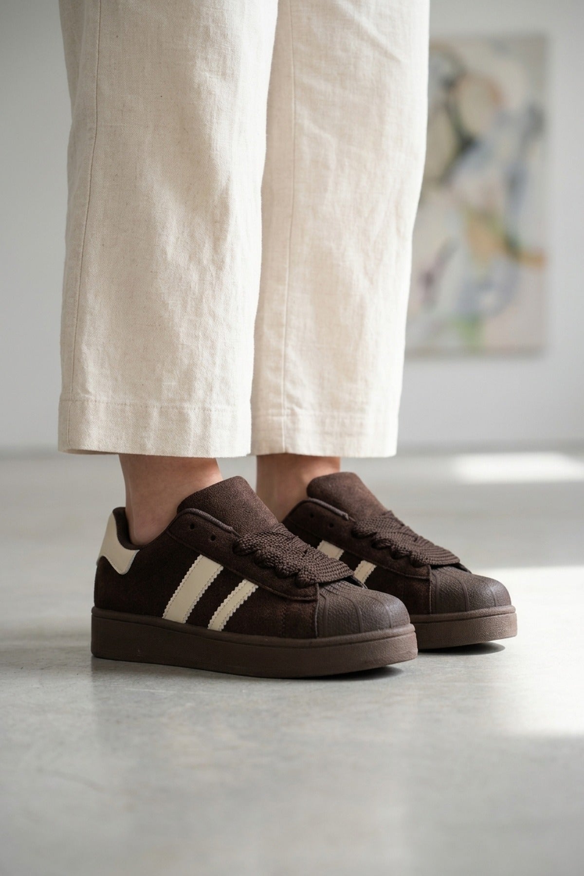 Maud Faux Suede Stripe Trainers - Coffee