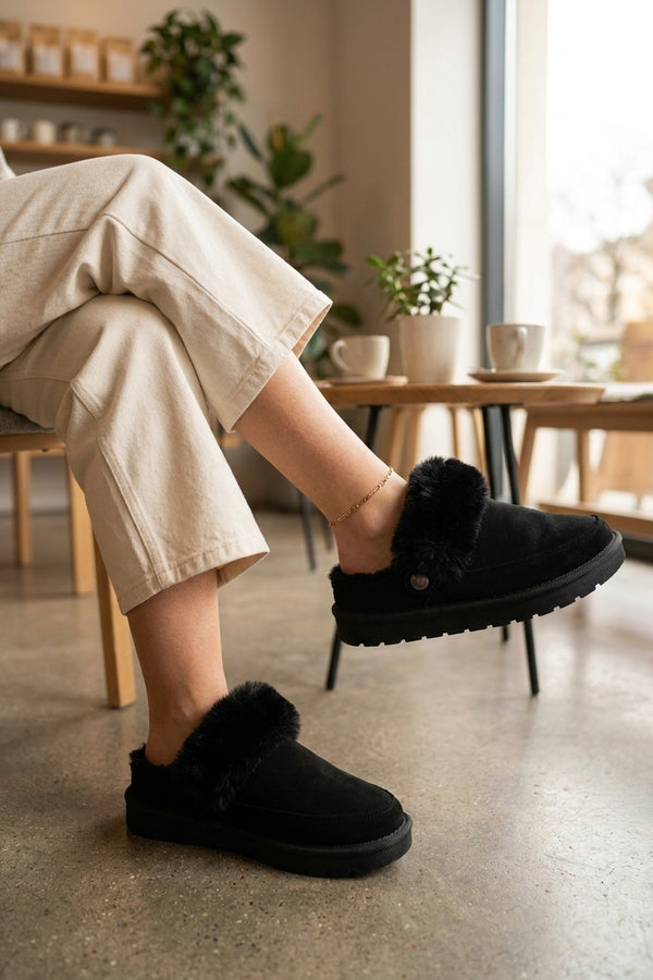 Radha Faux Fur Trim Platform Mule Slippers - Black