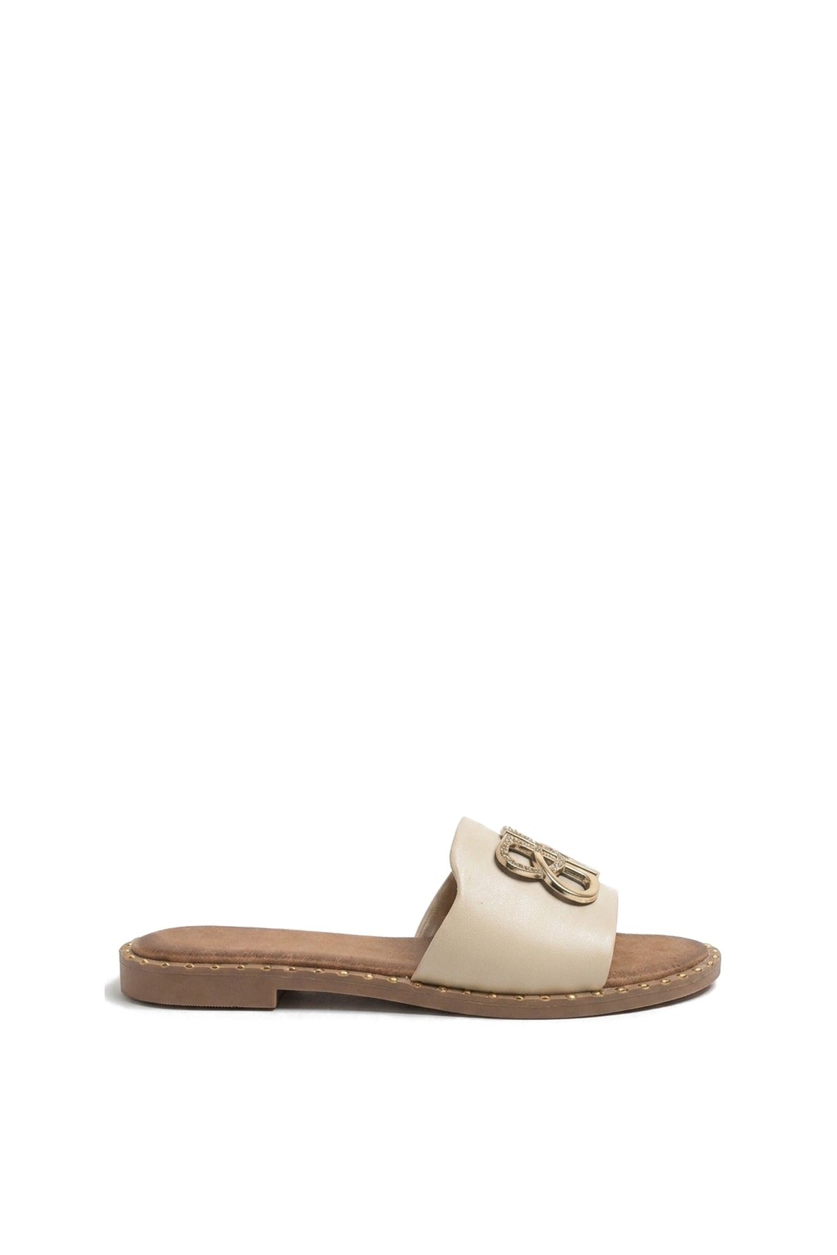 Abby Sparkle Buckle Gold Studded Flat Sandals - Beige