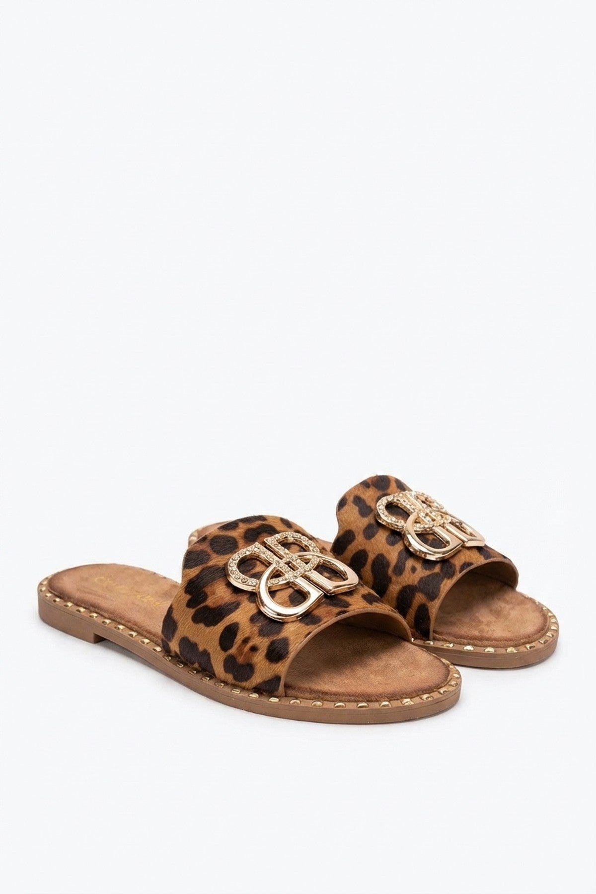 Abby Sparkle Buckle Gold Studded Flat Sandals - Leopard