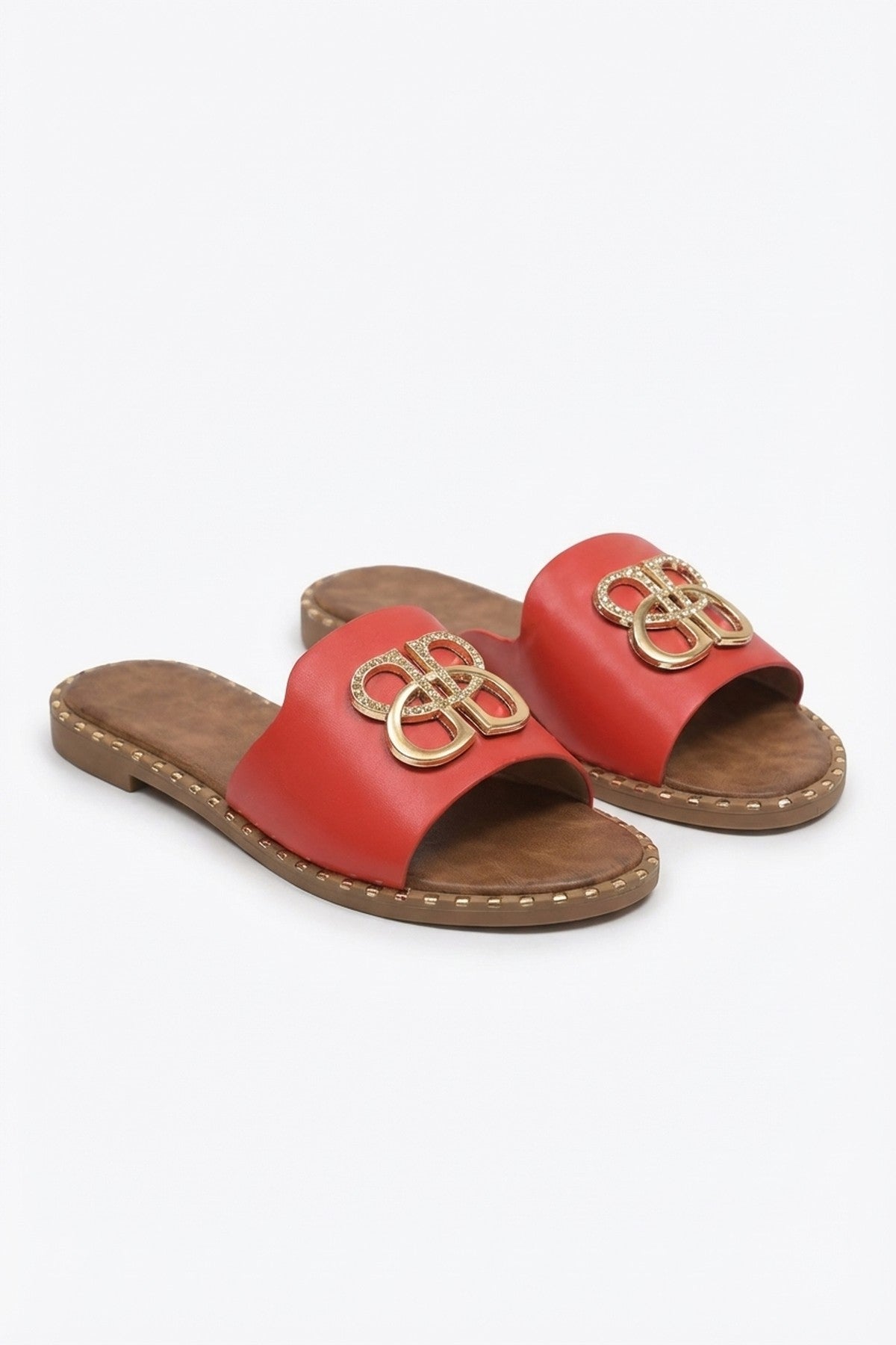 Abby Sparkle Buckle Gold Studded Flat Sandals - Red