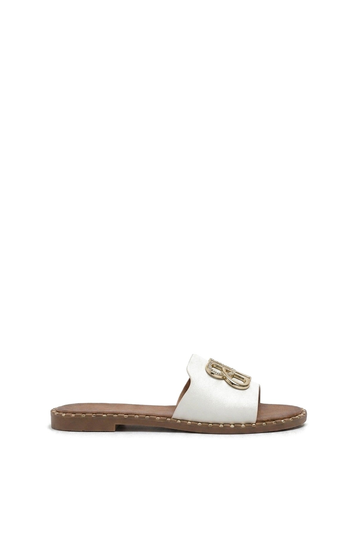 Abby Sparkle Buckle Gold Studded Flat Sandals - White