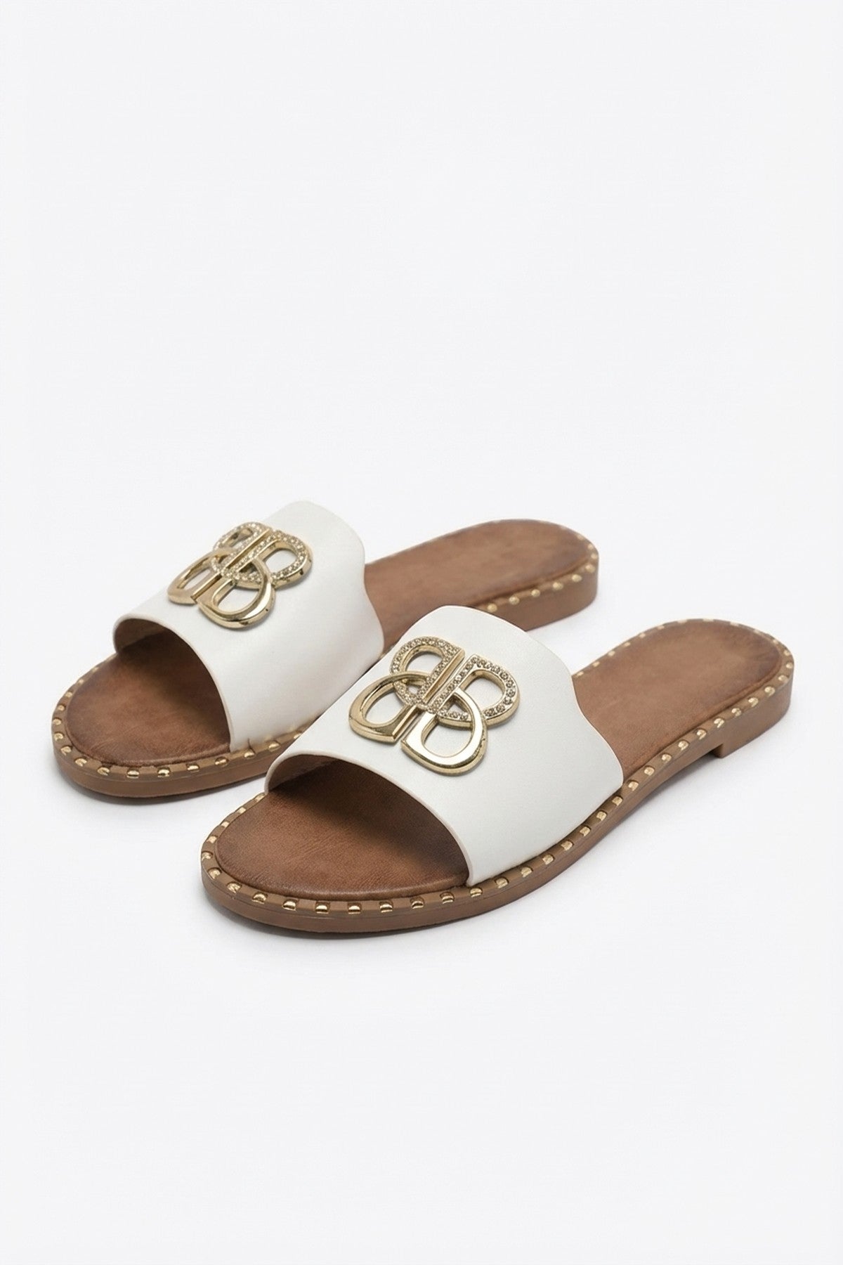 Abby Sparkle Buckle Gold Studded Flat Sandals - White