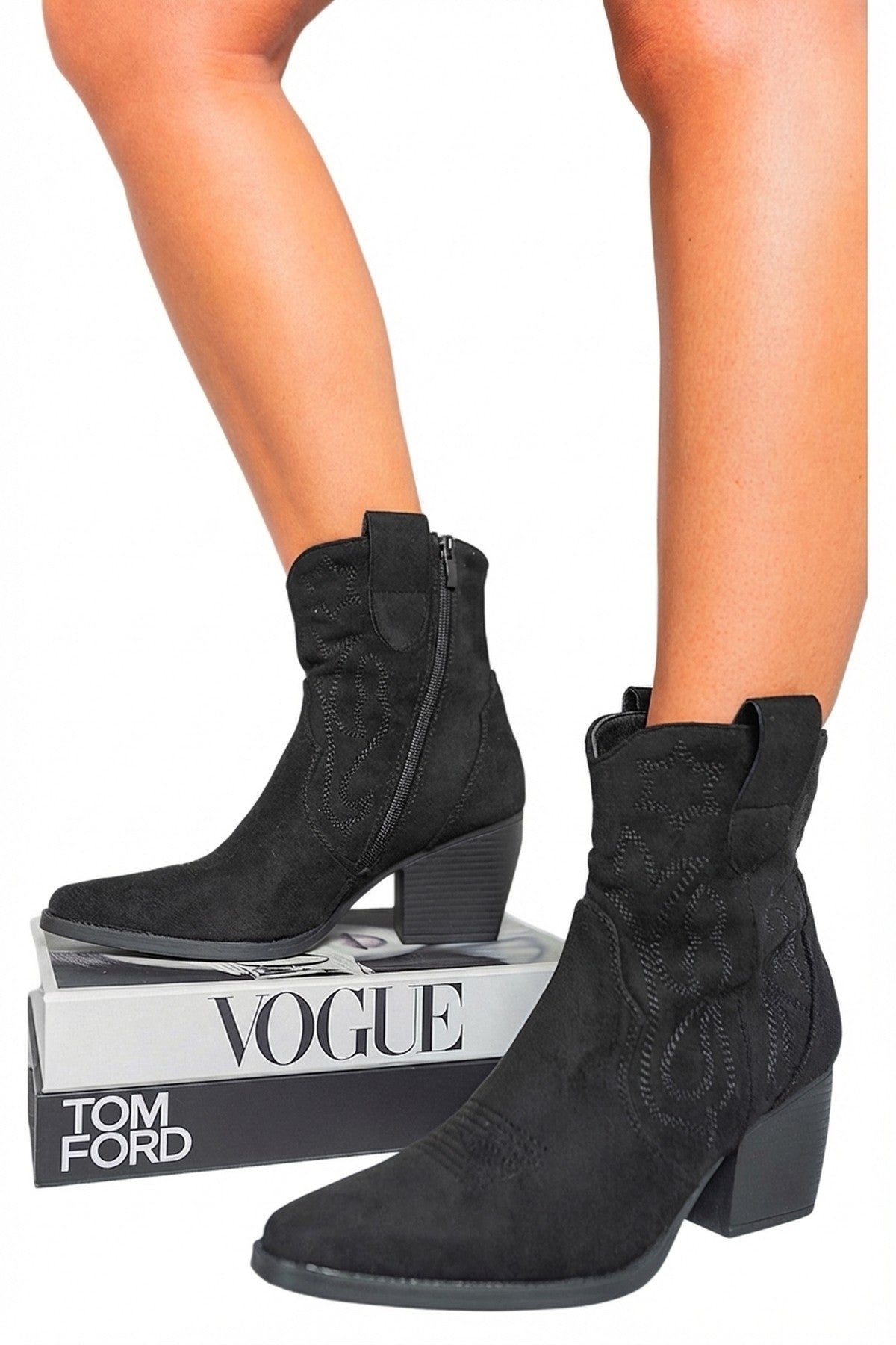 Laura Suede Cowboy Ankle Length Boots - Jet Black_wb