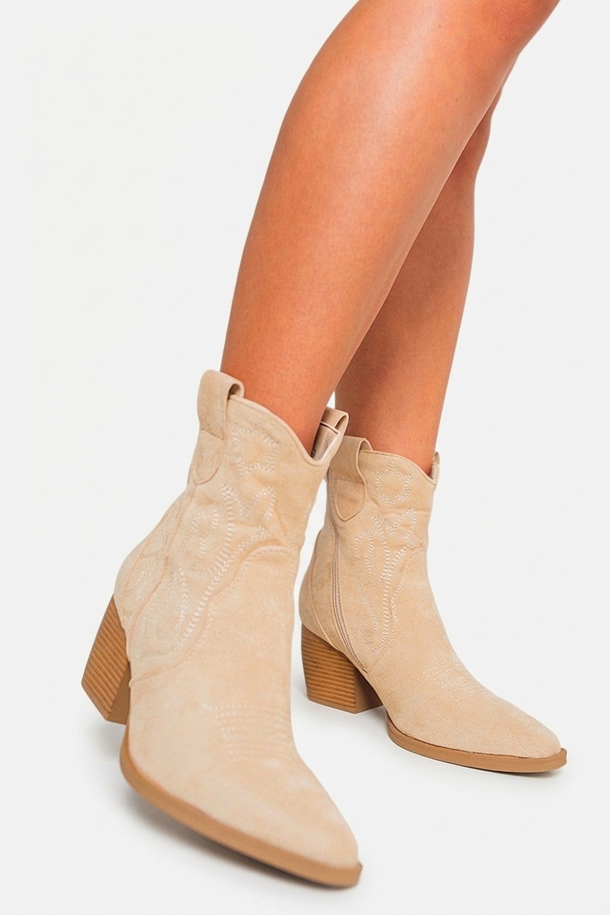 Laura Suede Cowboy Ankle Length Boots - Light Beige_wb