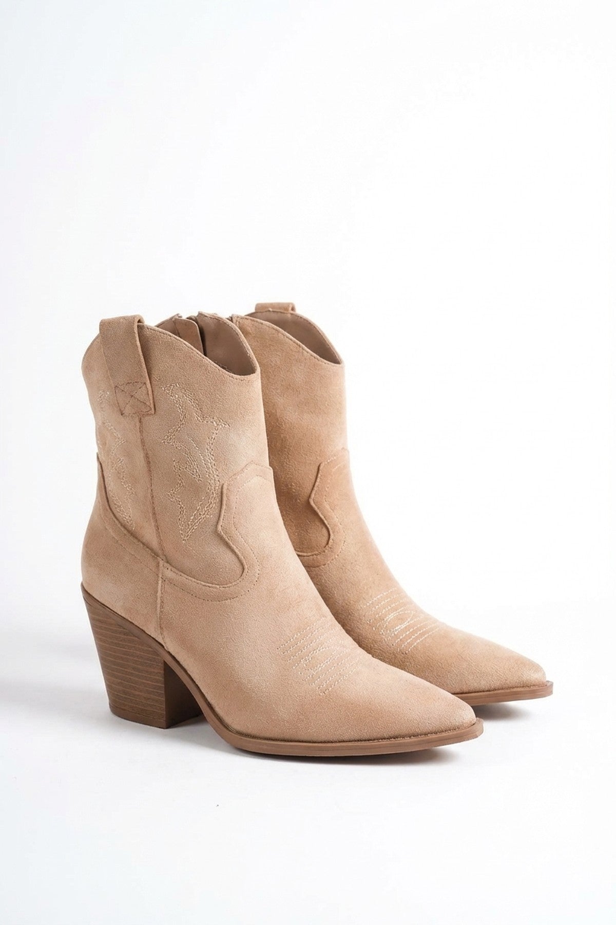 Laura Suede Cowboy Ankle Length Boots - Light Tan_wb