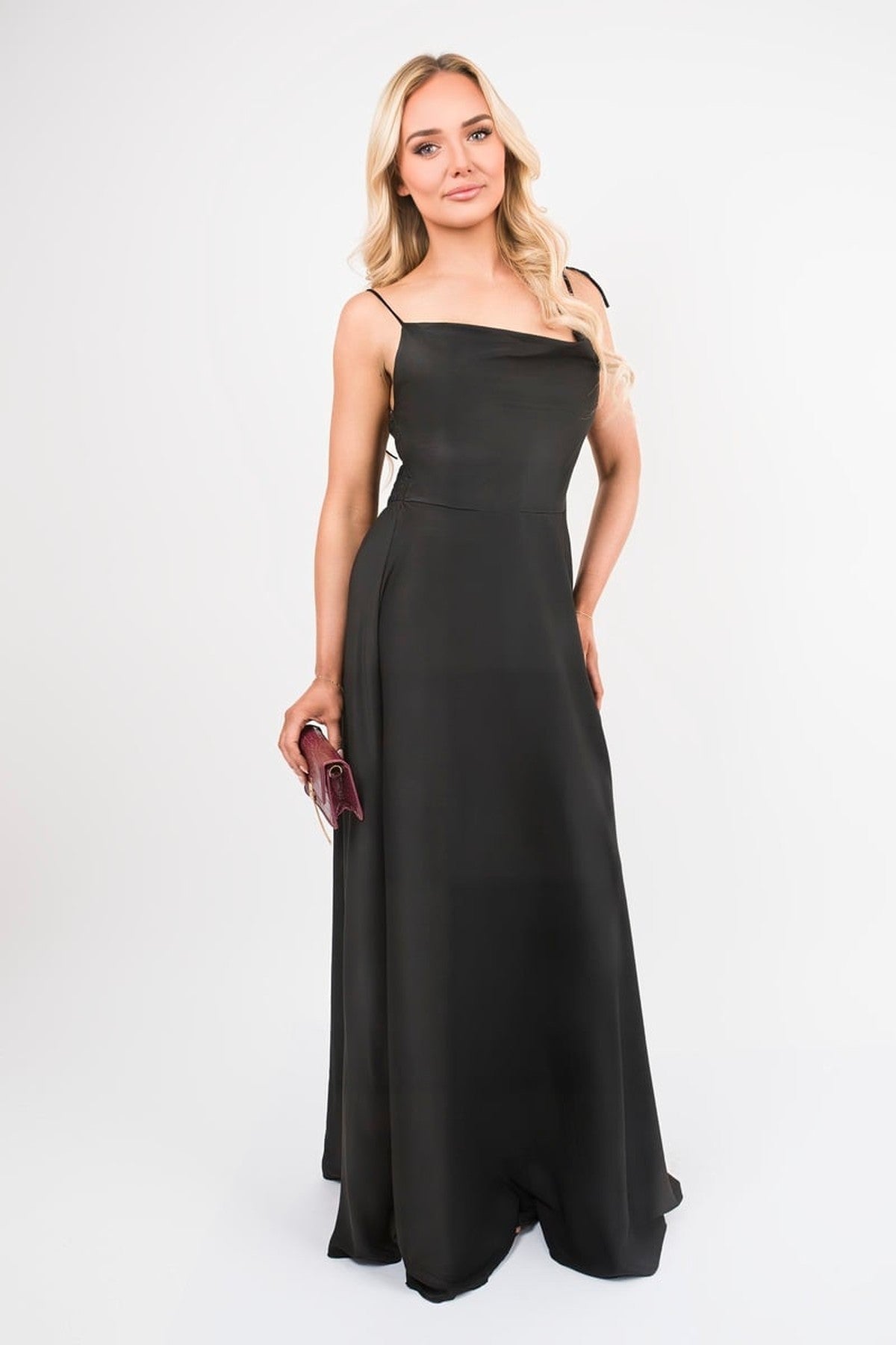 Adina Cowl Neck Tie Strap Maxi Dress With Thigh Split - Black