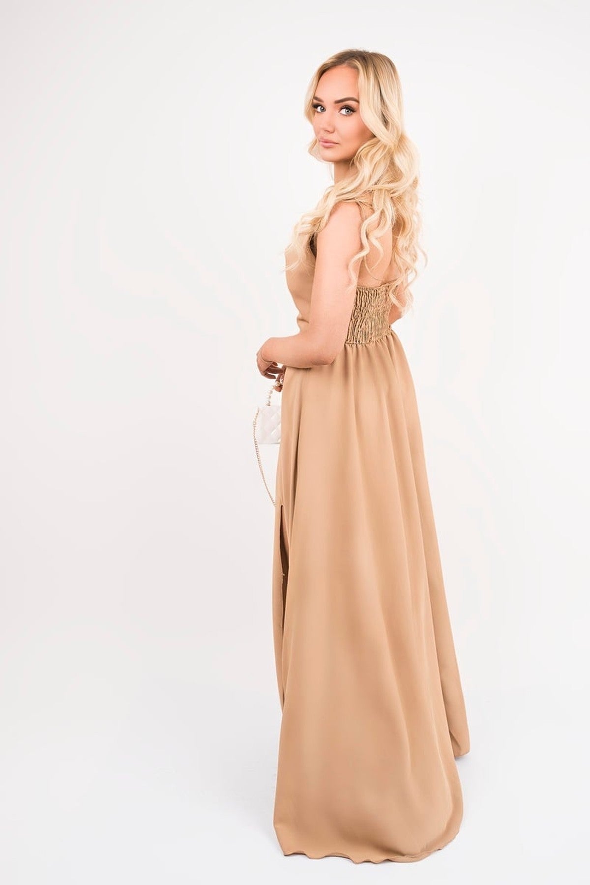Adina Cowl Neck Tie Strap Maxi Dress With Thigh Split - Camel