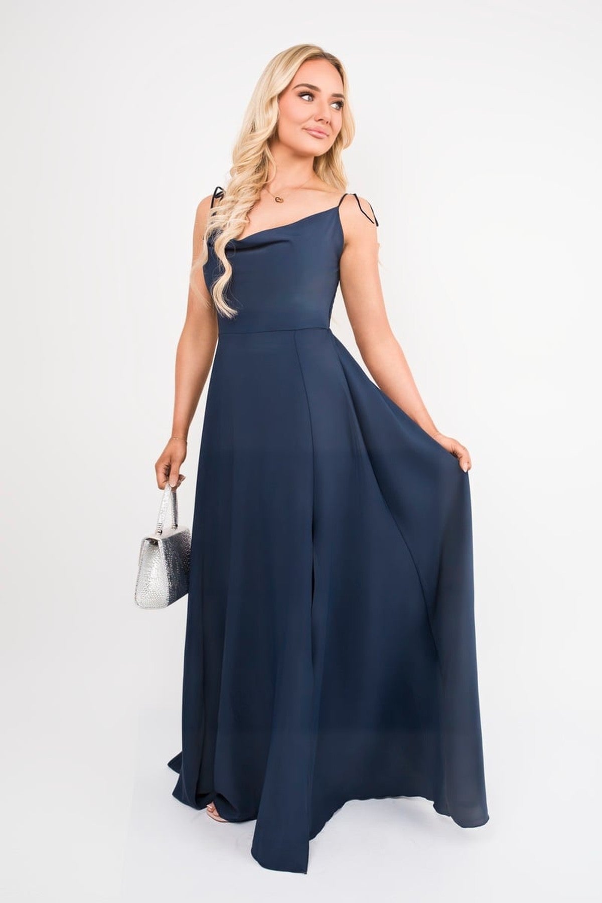 Adina Cowl Neck Tie Strap Maxi Dress With Thigh Split - Navy