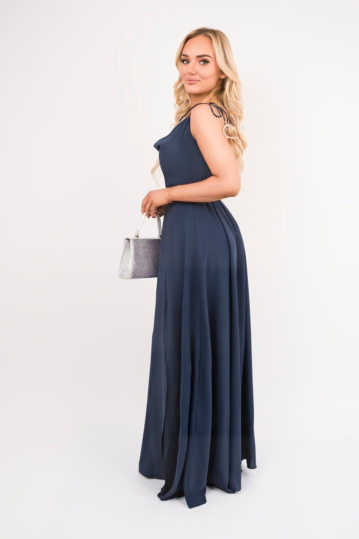 Adina Cowl Neck Tie Strap Maxi Dress With Thigh Split - Navy