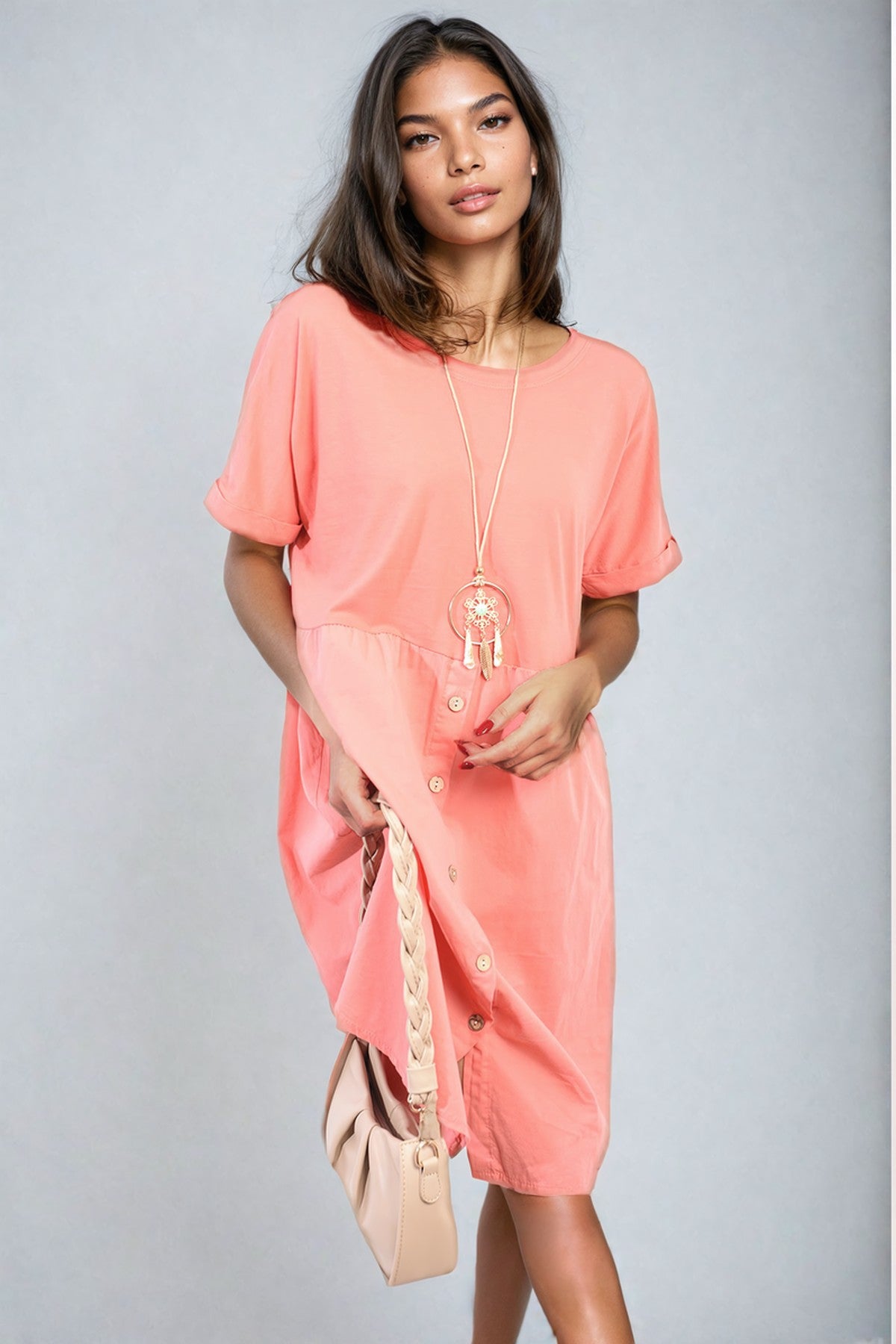 Aileen Short Sleeve Button Front Midi Dress - Coral