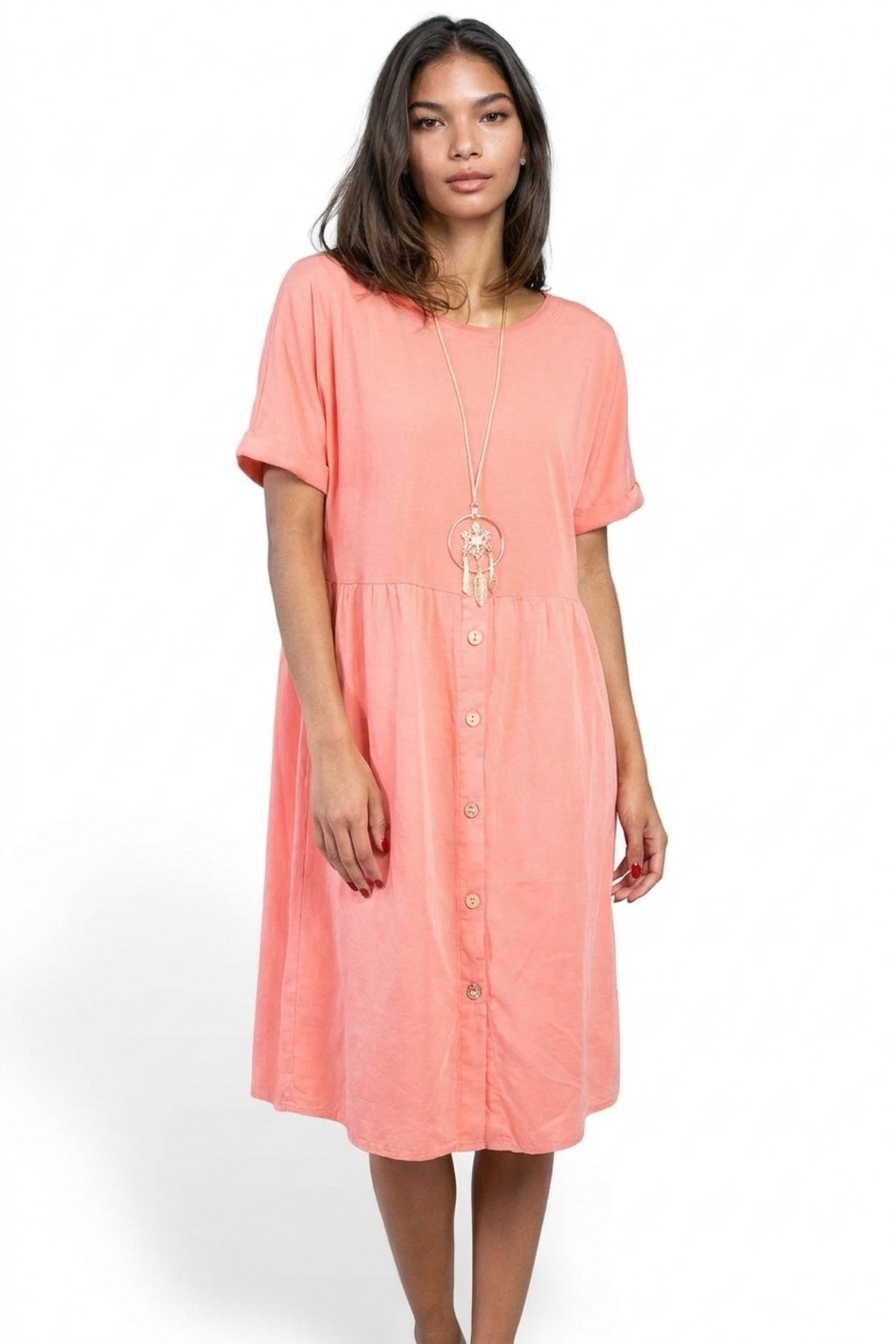 Aileen Short Sleeve Button Front Midi Dress - Coral