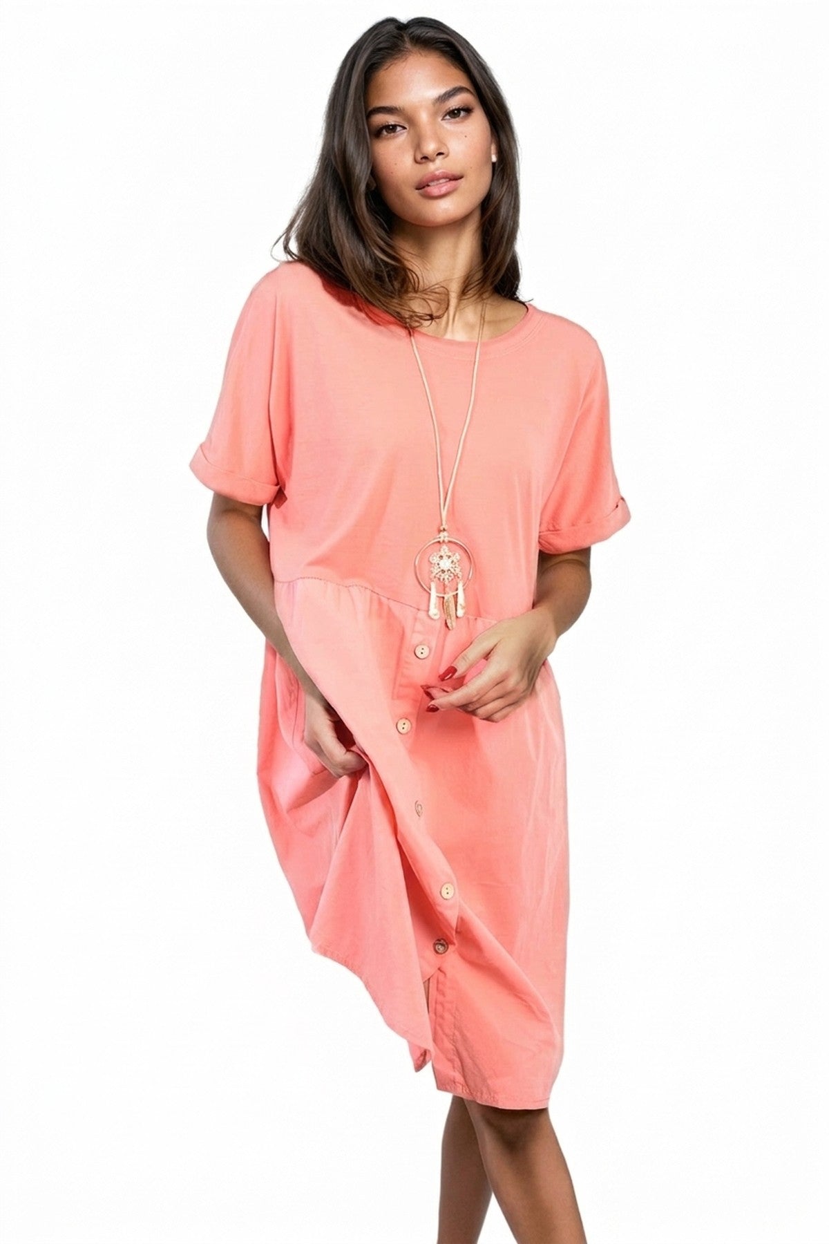 Aileen Short Sleeve Button Front Midi Dress - Coral_wb