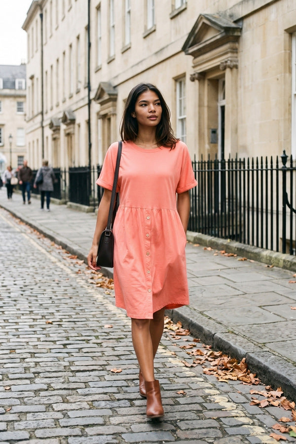 Aileen Short Sleeve Button Front Midi Dress - Coral