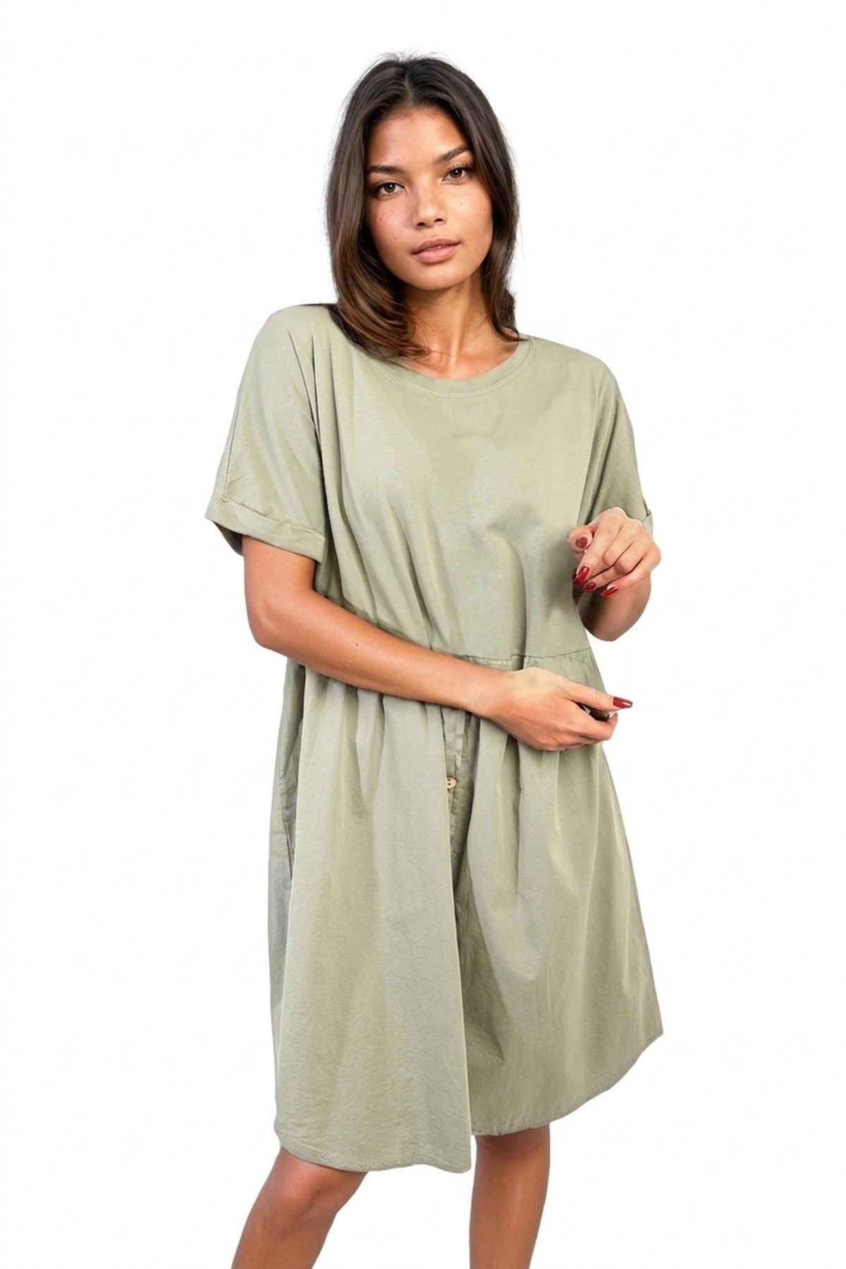 Aileen Short Sleeve Button Front Midi Dress - Khaki