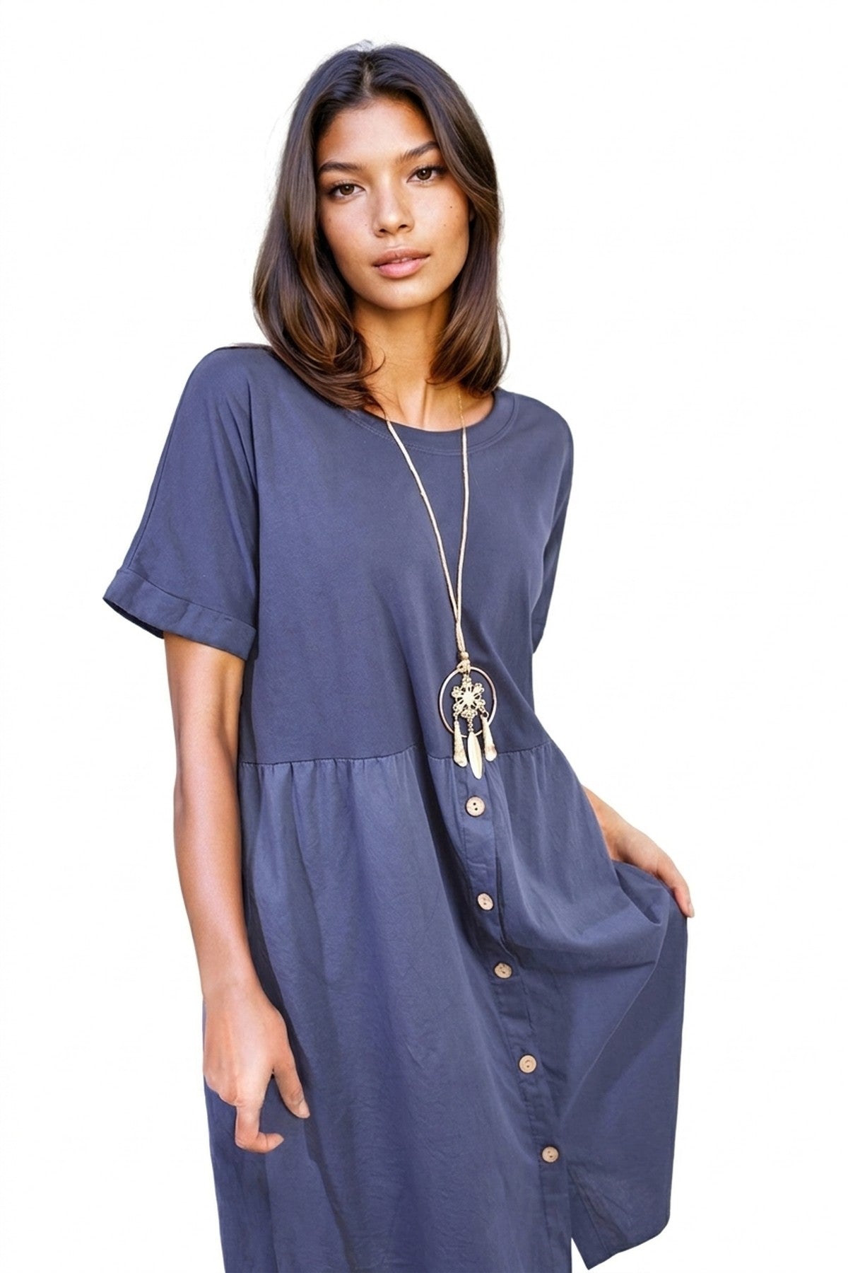 Aileen Short Sleeve Button Front Midi Dress - Navy_wb