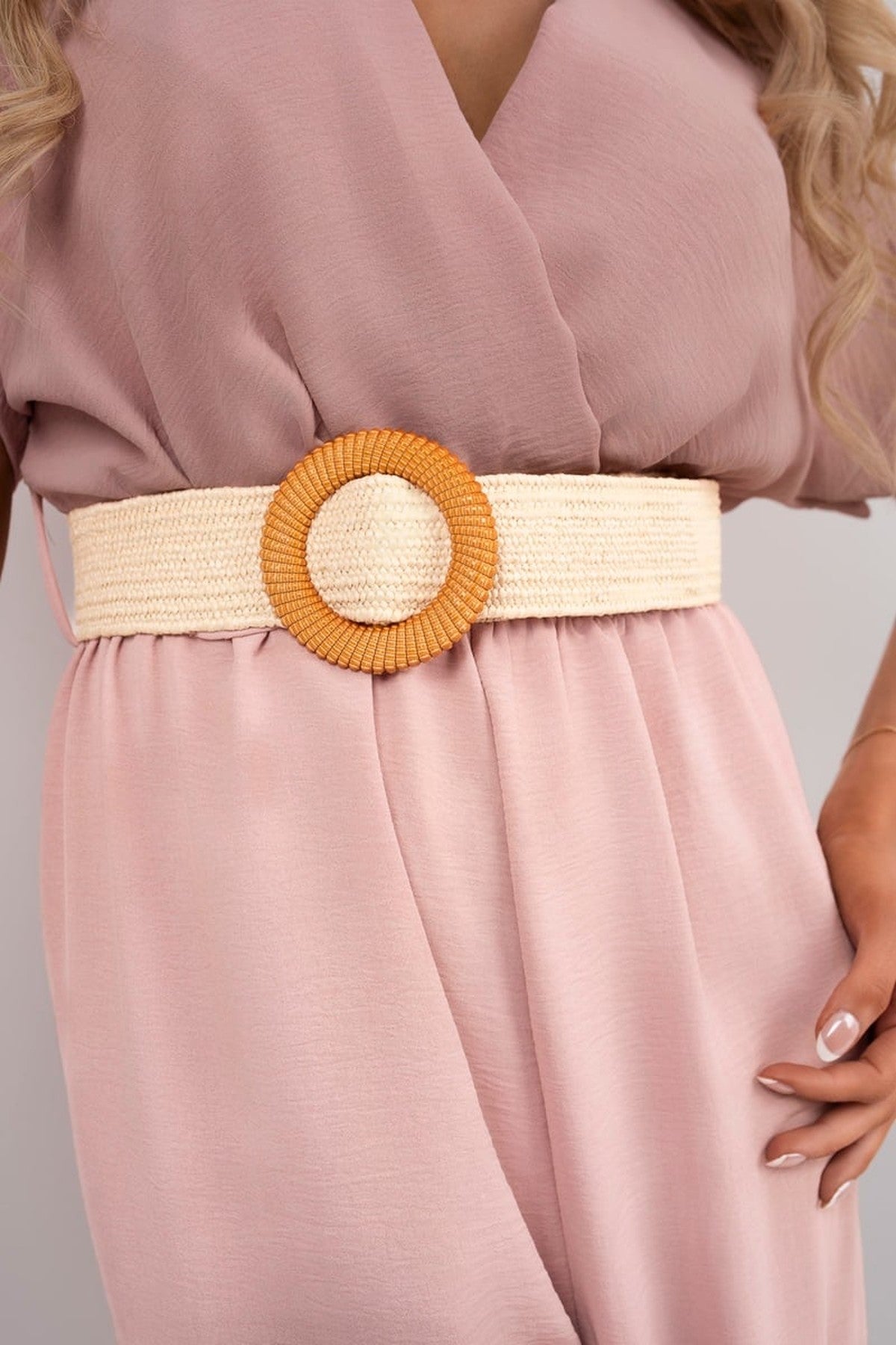 Ailina V Neck Short Sleeve Wide Leg Jumpsuit With Woven Belt - Dusty Pink