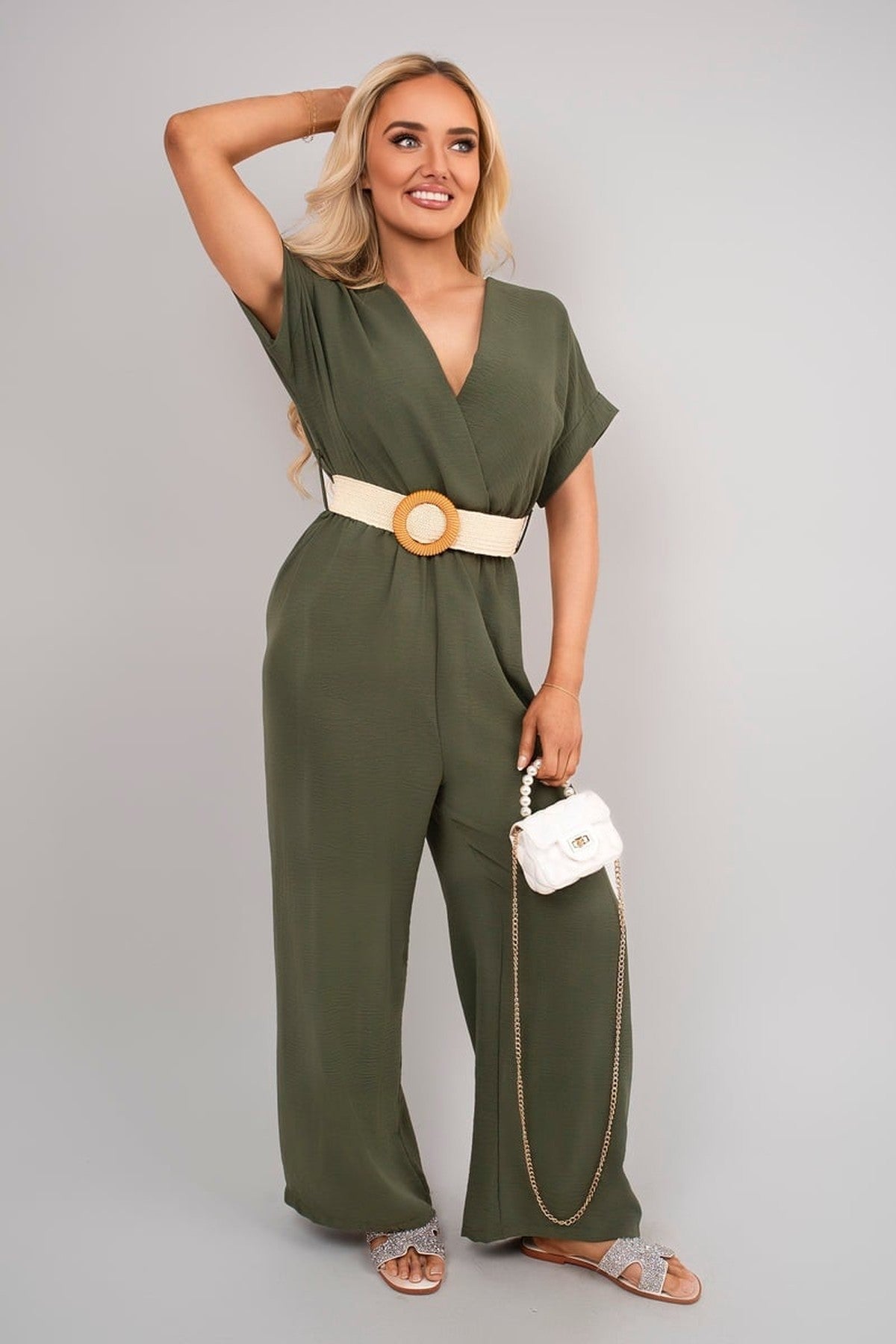 Ailina V Neck Short Sleeve Wide Leg Jumpsuit With Woven Belt - Khaki