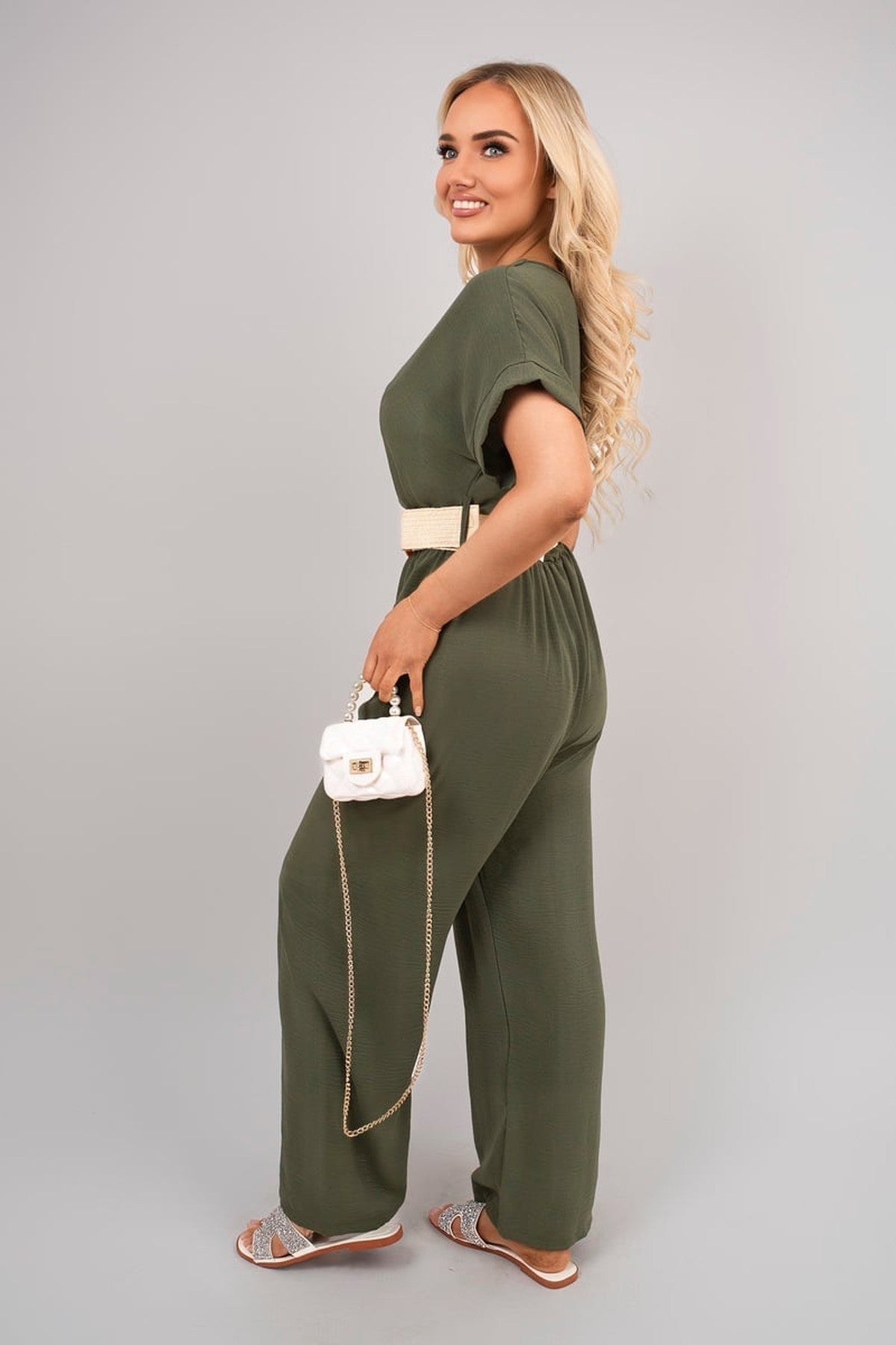 Ailina V Neck Short Sleeve Wide Leg Jumpsuit With Woven Belt - Khaki