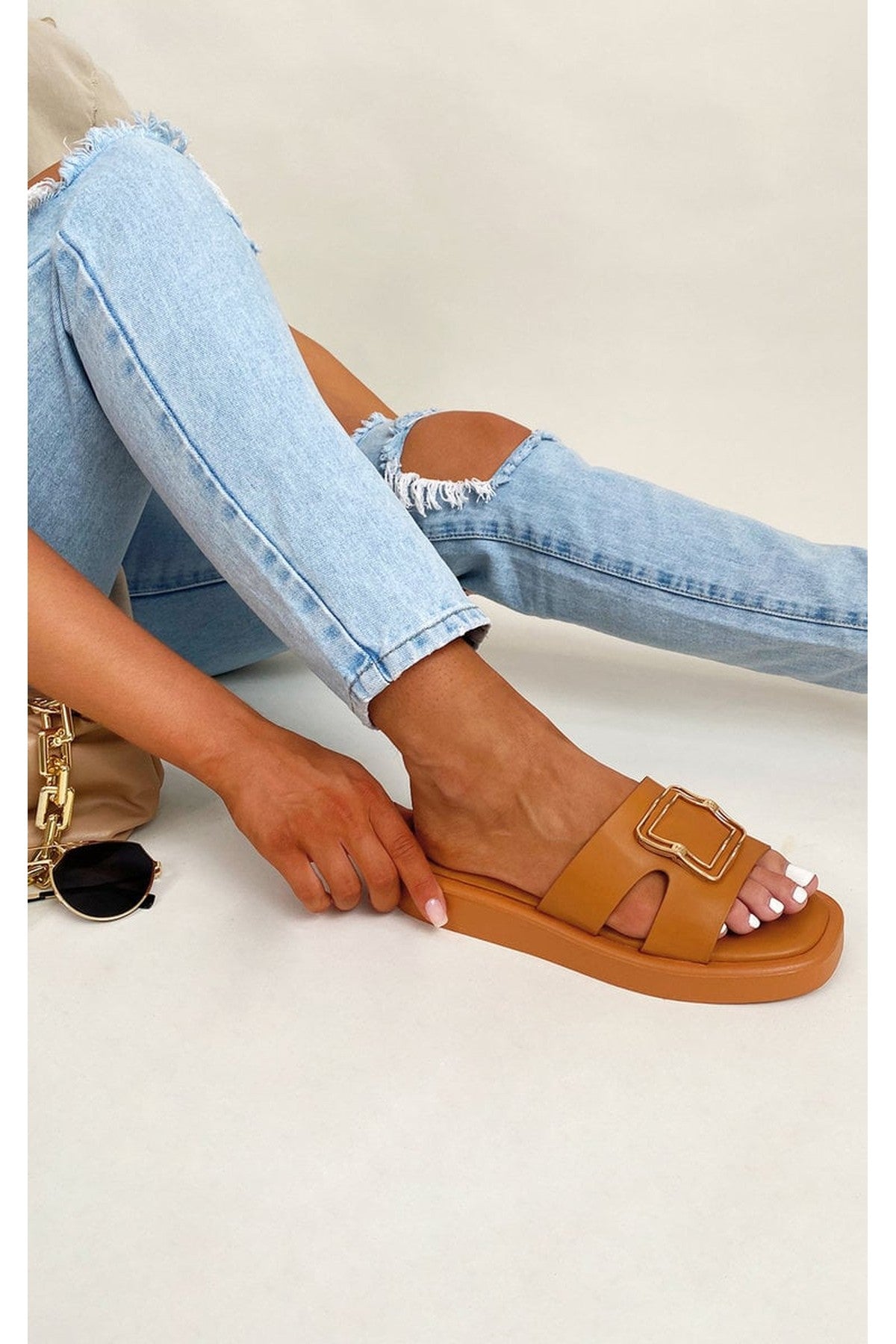 Aisha Faux Leather Slip On Sandals - Camel
