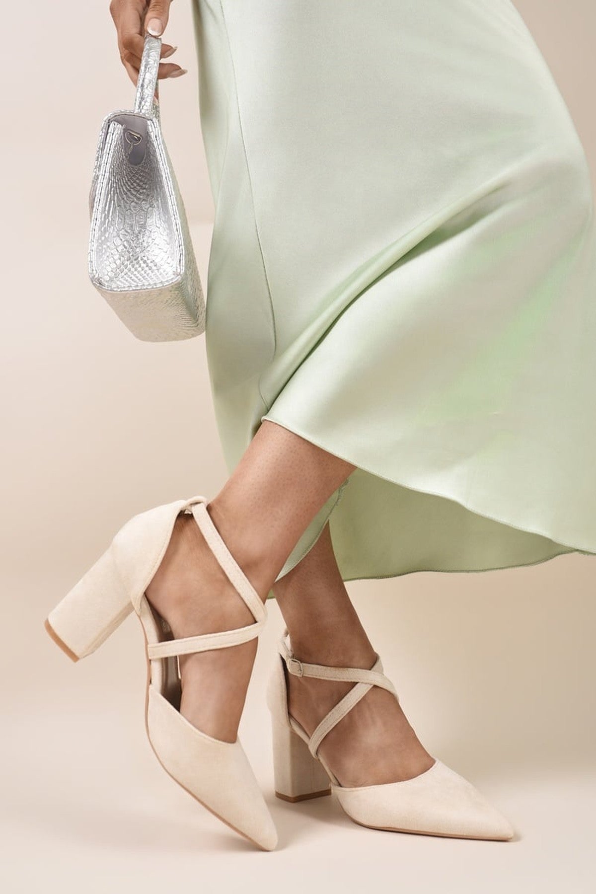 Alaina Cross Strap Block Heels - Beige