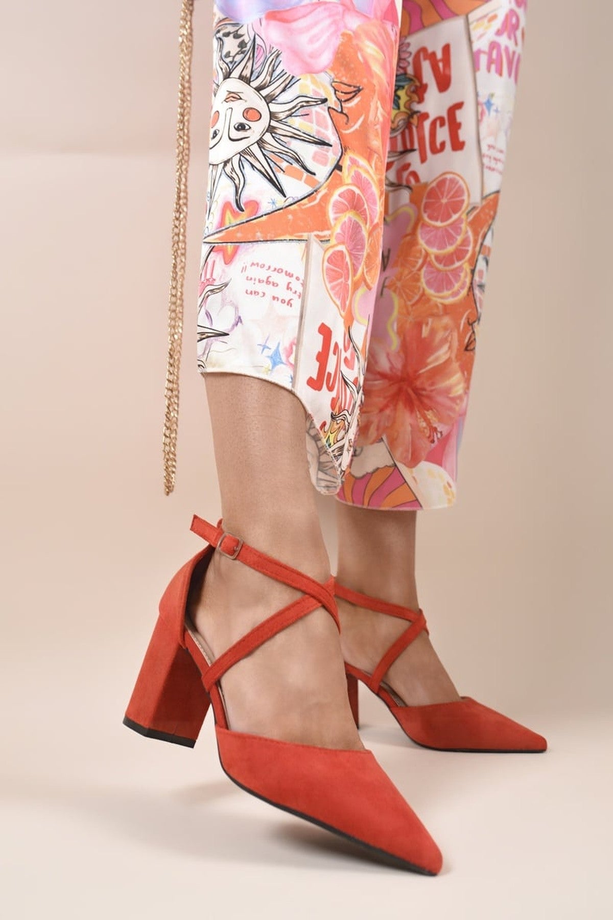 Alaina Cross Strap Block Heels - Red