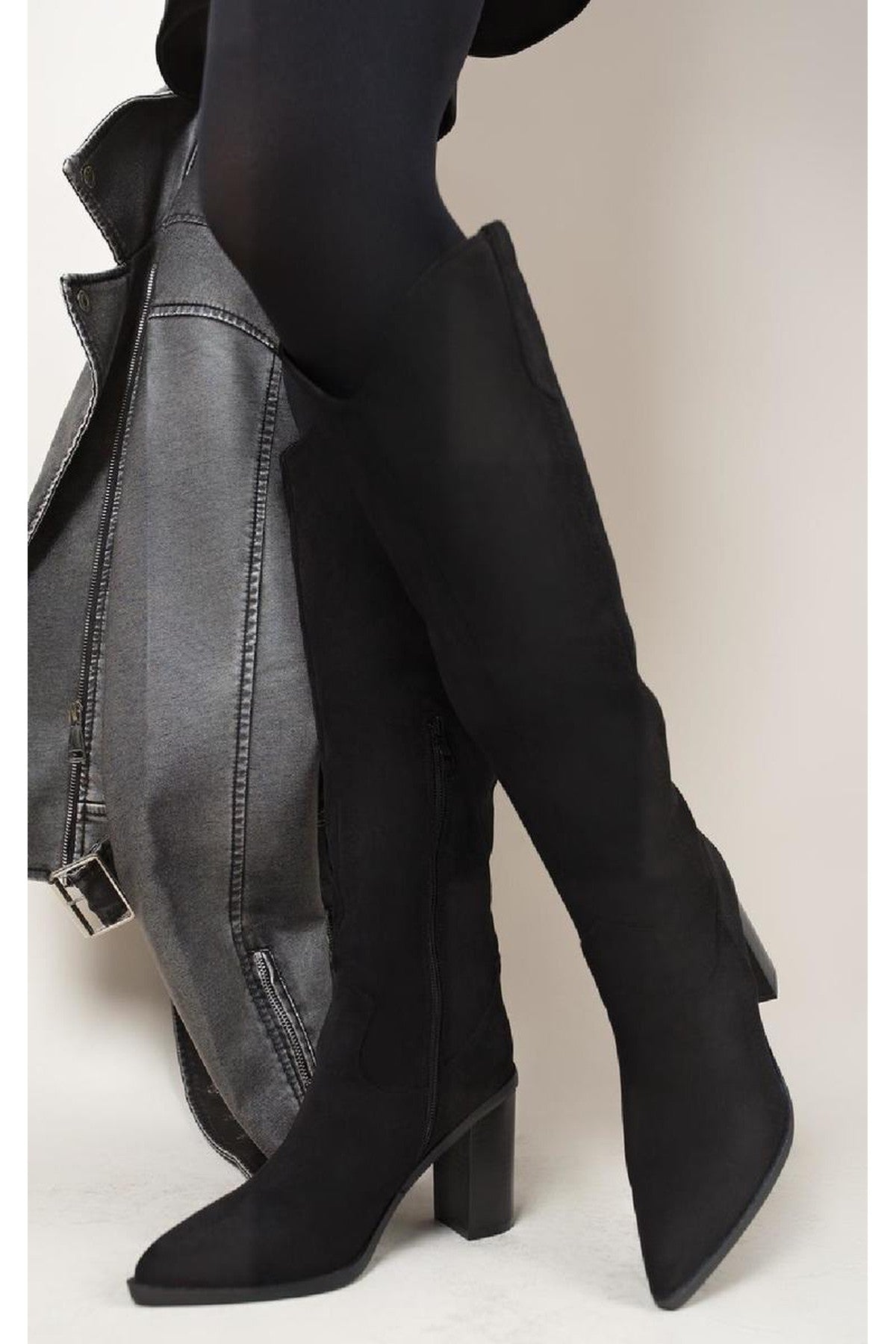 Aletta Pointed Toe Block Heel Knee High Boots - Black