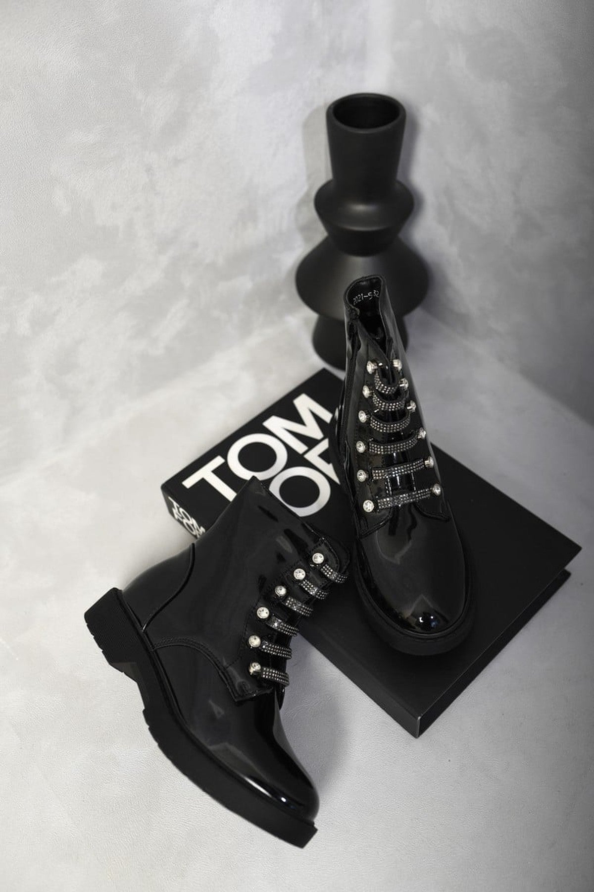 Alexandra Lace Up Diamante Ankle Boots - Black