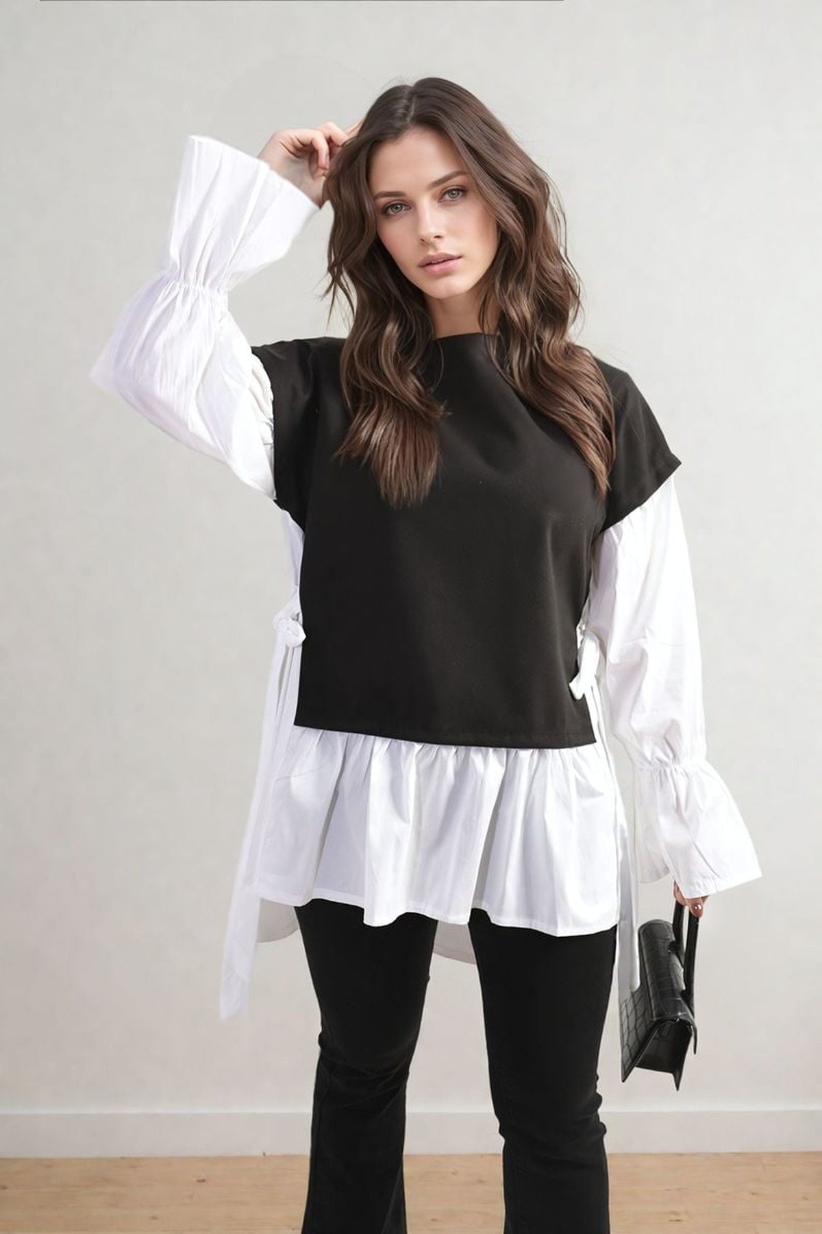 Alicia Side Tie Contrast Long Sleeve Knit Frill Top - Black