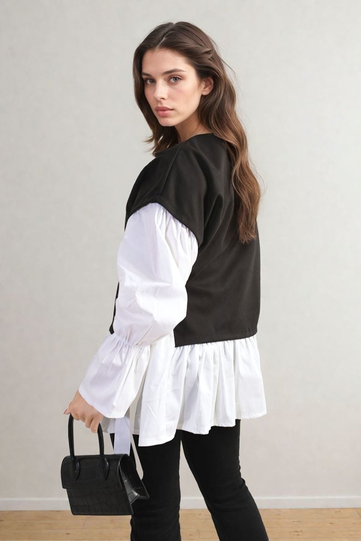 Alicia Side Tie Contrast Long Sleeve Knit Frill Top - Black