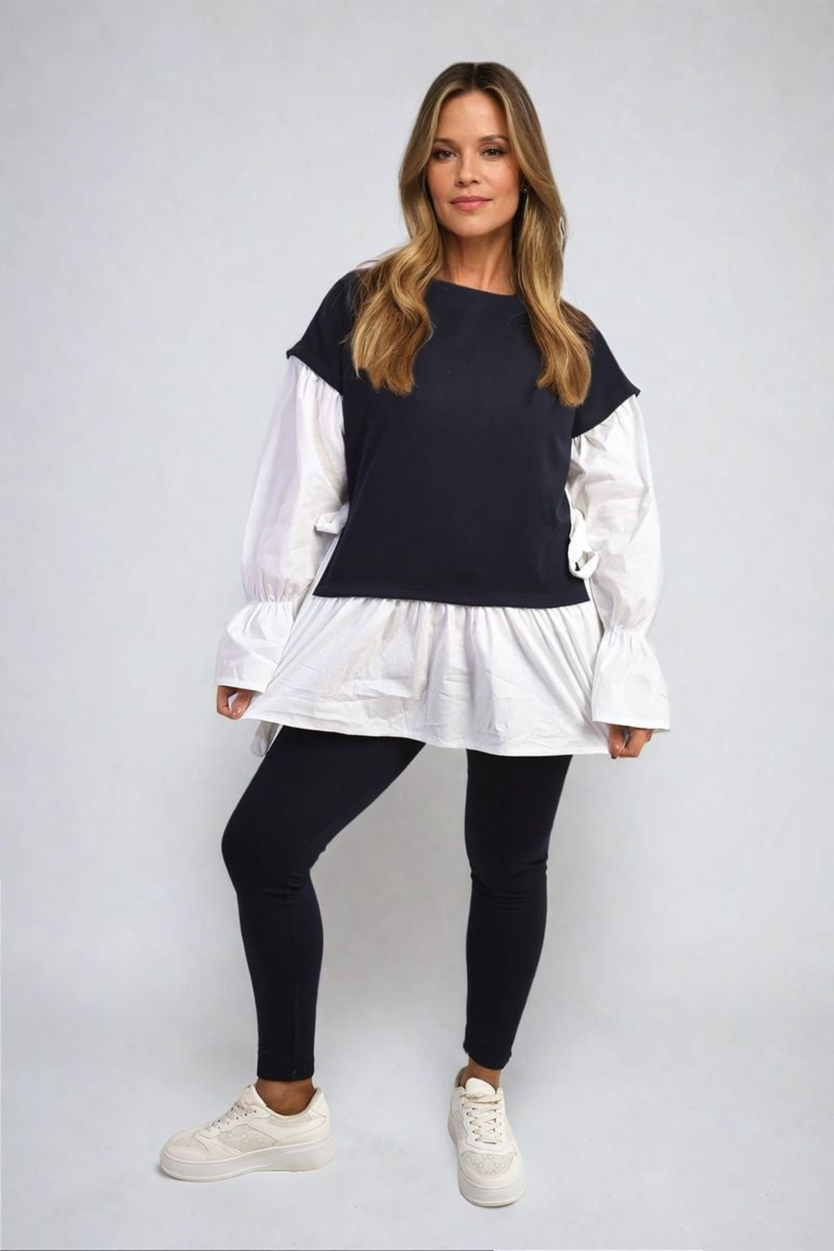 Alicia Side Tie Contrast Long Sleeve Knit Frill Top - Navy