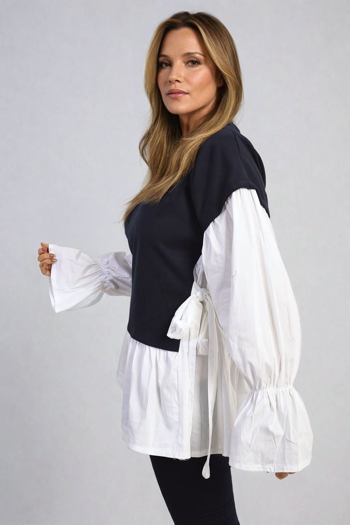 Alicia Side Tie Contrast Long Sleeve Knit Frill Top - Navy