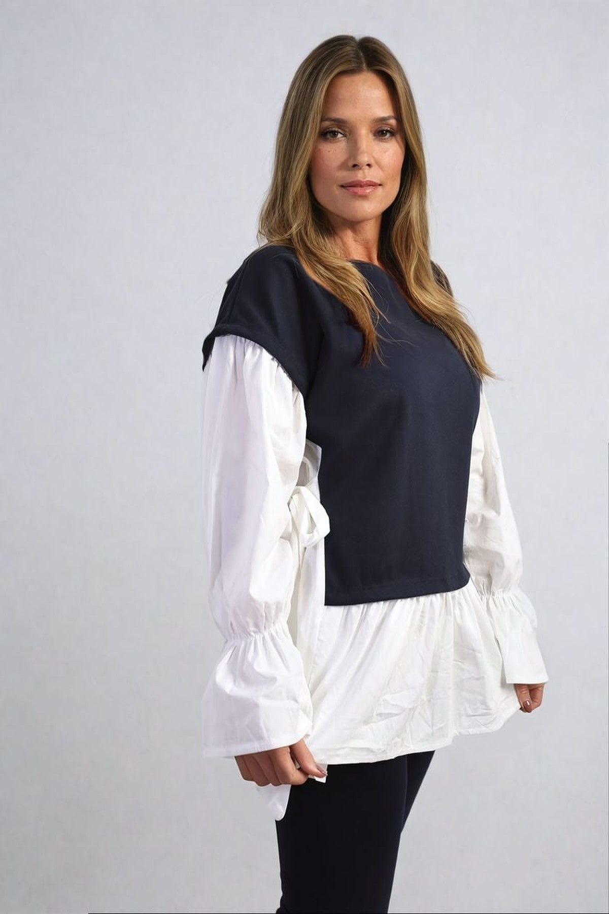 Alicia Side Tie Contrast Long Sleeve Knit Frill Top - Navy