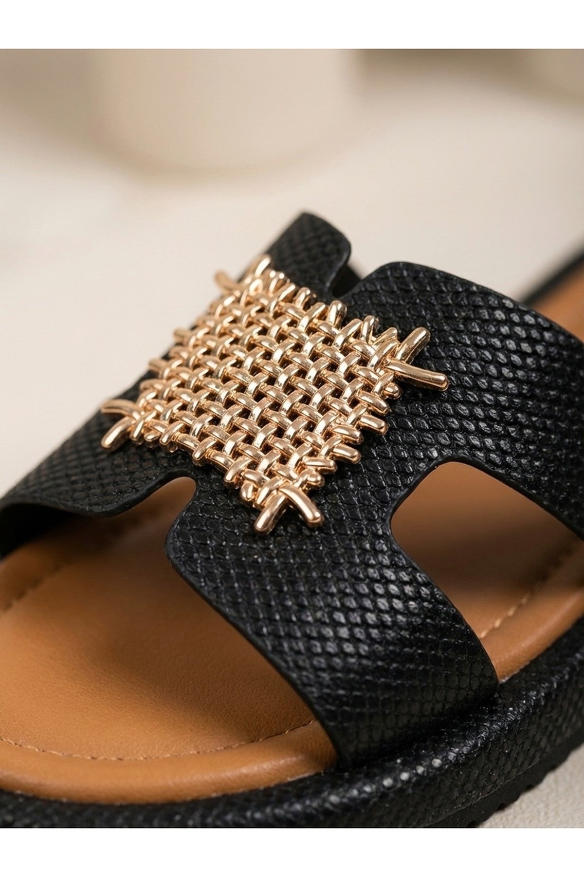 Amber Gold Woven Buckle Slides - Black