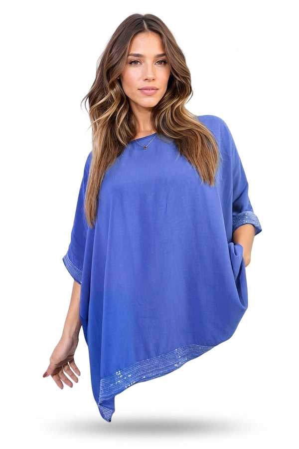 Amber Oversized Sequin Hem Flare Sleeve Top - Royal_wb