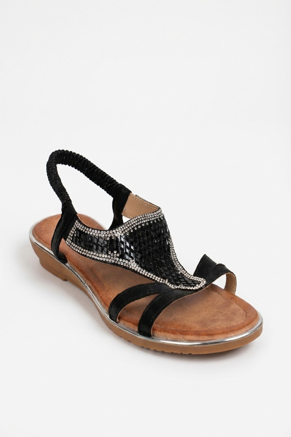 Amelia Womens Rhinestone Strappy Flat Sandals - Black