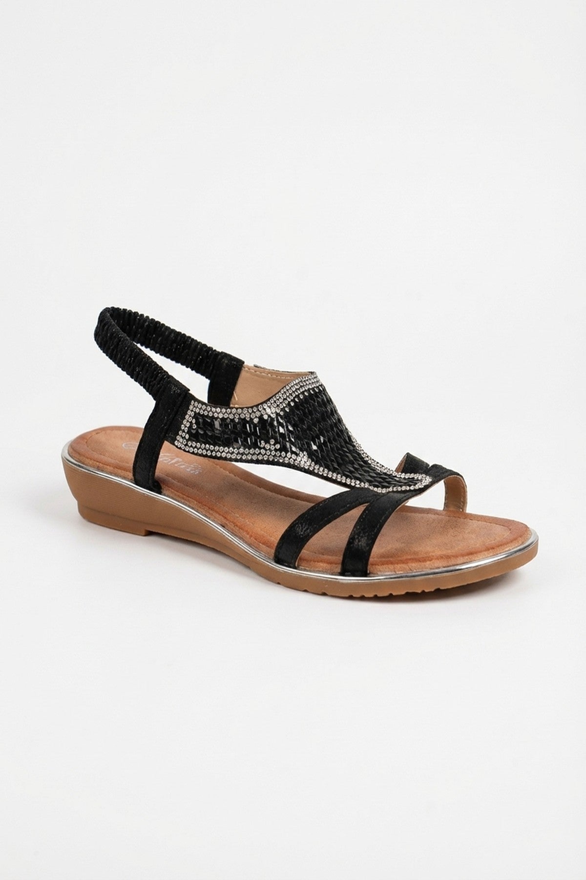 Amelia Womens Rhinestone Strappy Flat Sandals - Black