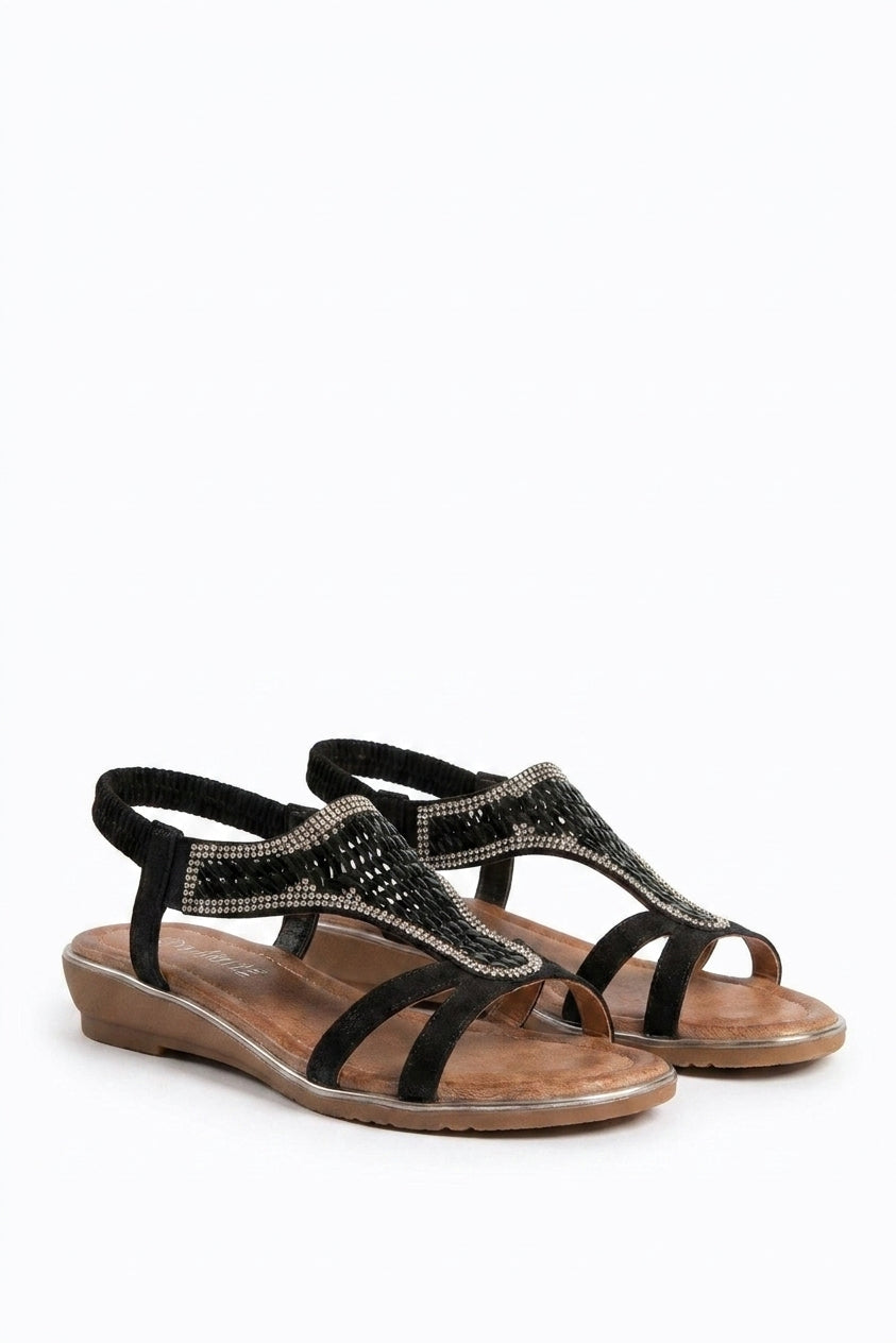 Amelia Womens Rhinestone Strappy Flat Sandals - Black