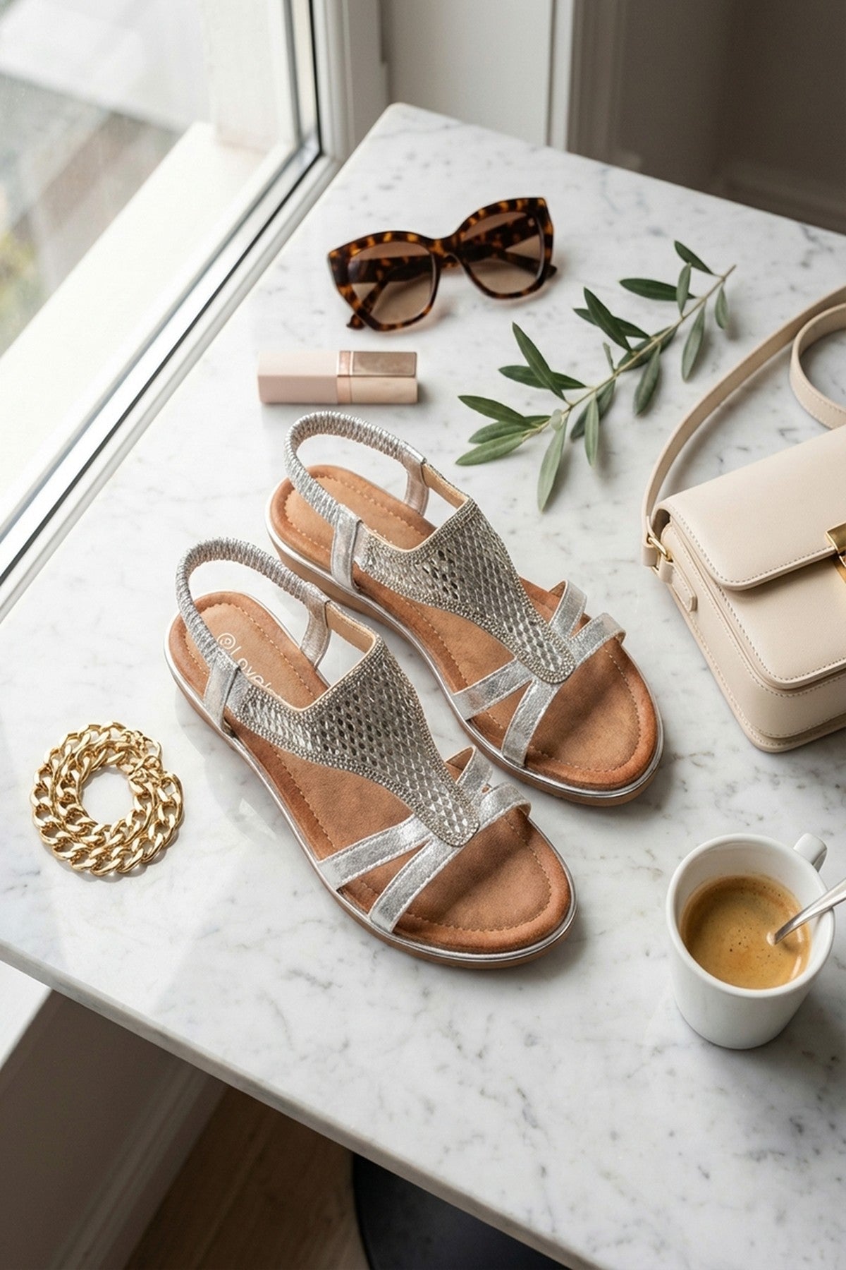 Amelia Womens Rhinestone Strappy Flat Sandals - Silver