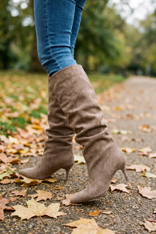 Anais Faux Suede Slouch Knee High Stiletto Boots - Khaki