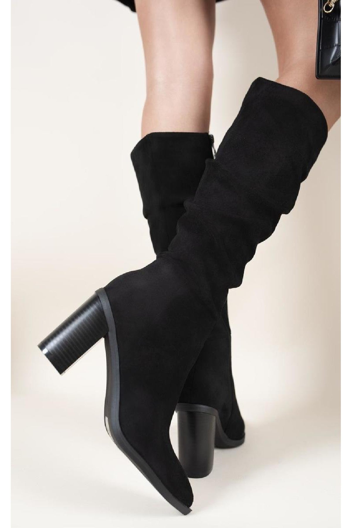 Anaya Knee High Block Heel Boots With Side Zip Closure - Black