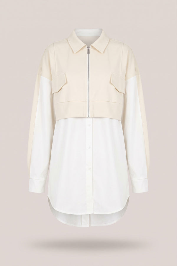 Andrea Two Tone Zip Front Oversized Long Sleeve Shirt - Beige