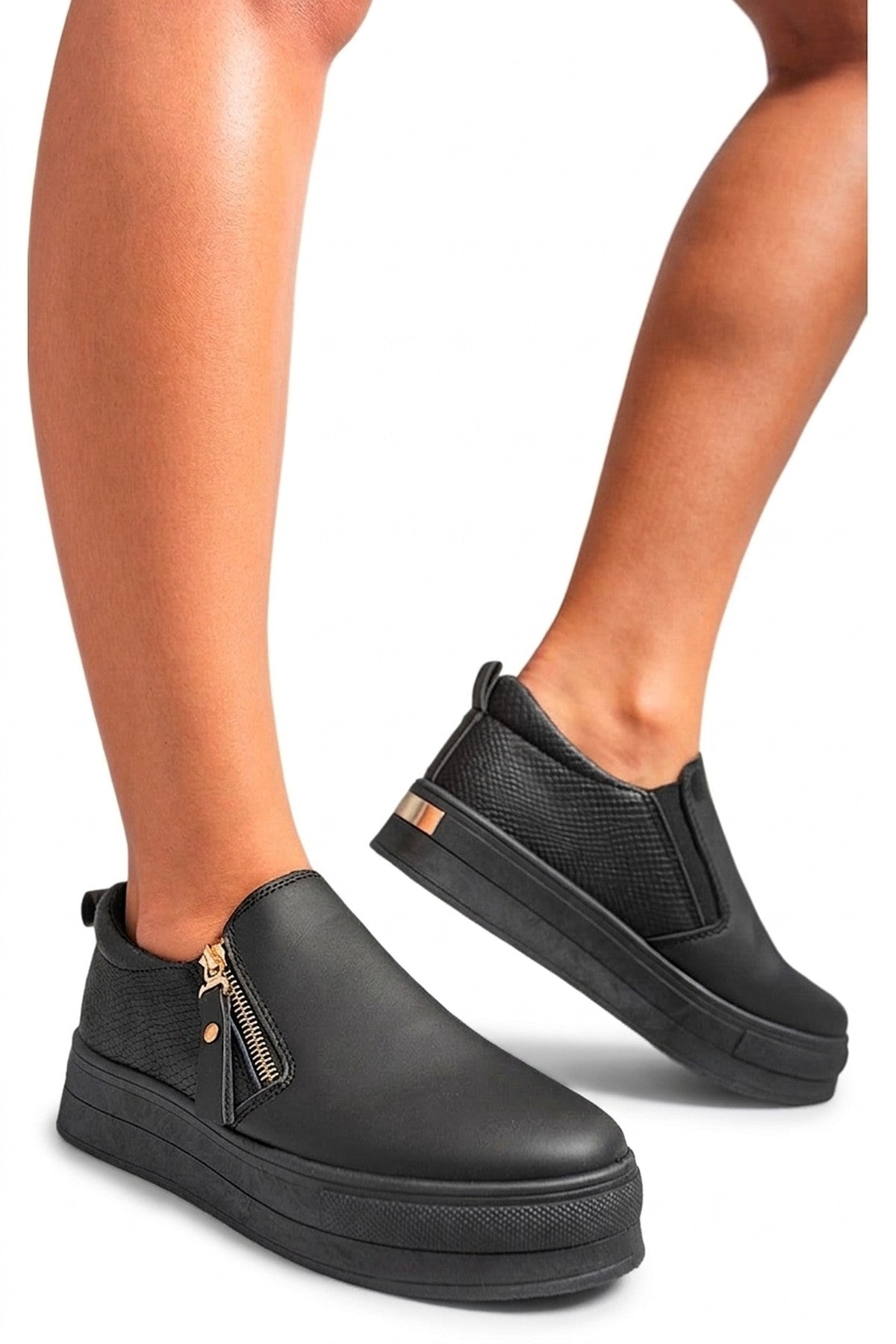 Andrea Zipper Decor Slip On Trainers - All Black_wb